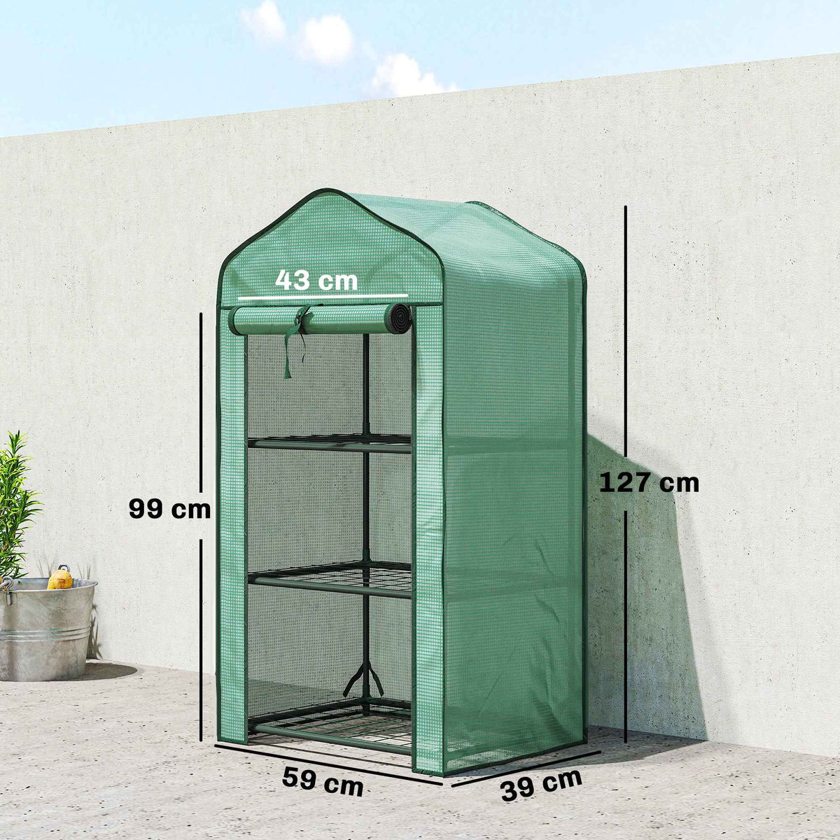 Outsunny Mini Garden Greenhouse with PE Cover, 3 Shelves and Roll-Up Door, 59x39x127cm, Green