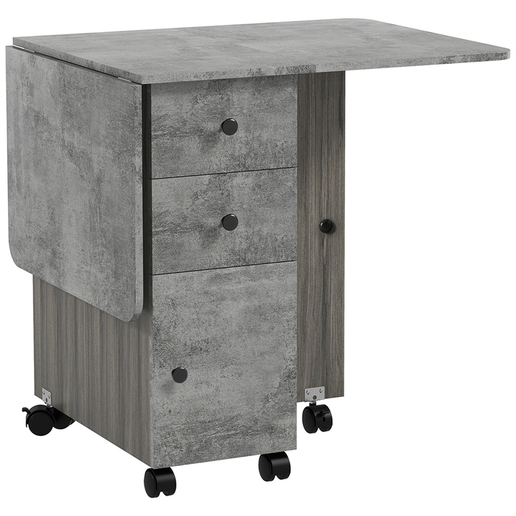 Folding Table with 2 Drawers and Cabinet, 6 Wheels and Brakes, 120x60x76.5 cm, Wood and Rock Grey