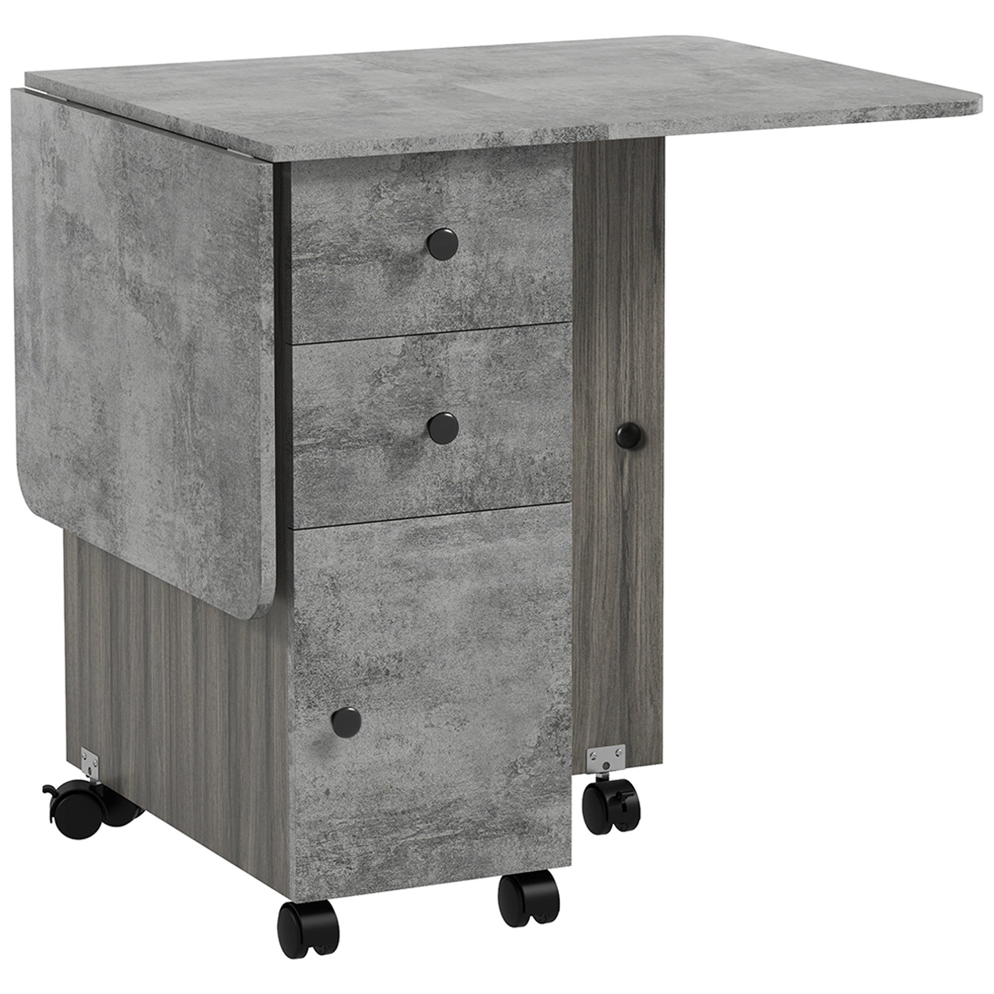 Folding Table with 2 Drawers and Cabinet, 6 Wheels and Brakes, 120x60x76.5 cm, Wood and Rock Grey