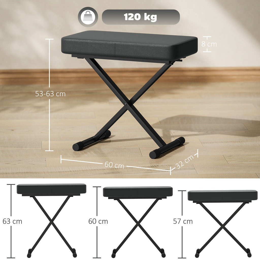 Piano Stool Foldable and Adjustable to 4 Heights, in PU Leather, Foam and Metal, 60x32x53-63 cm, Black
