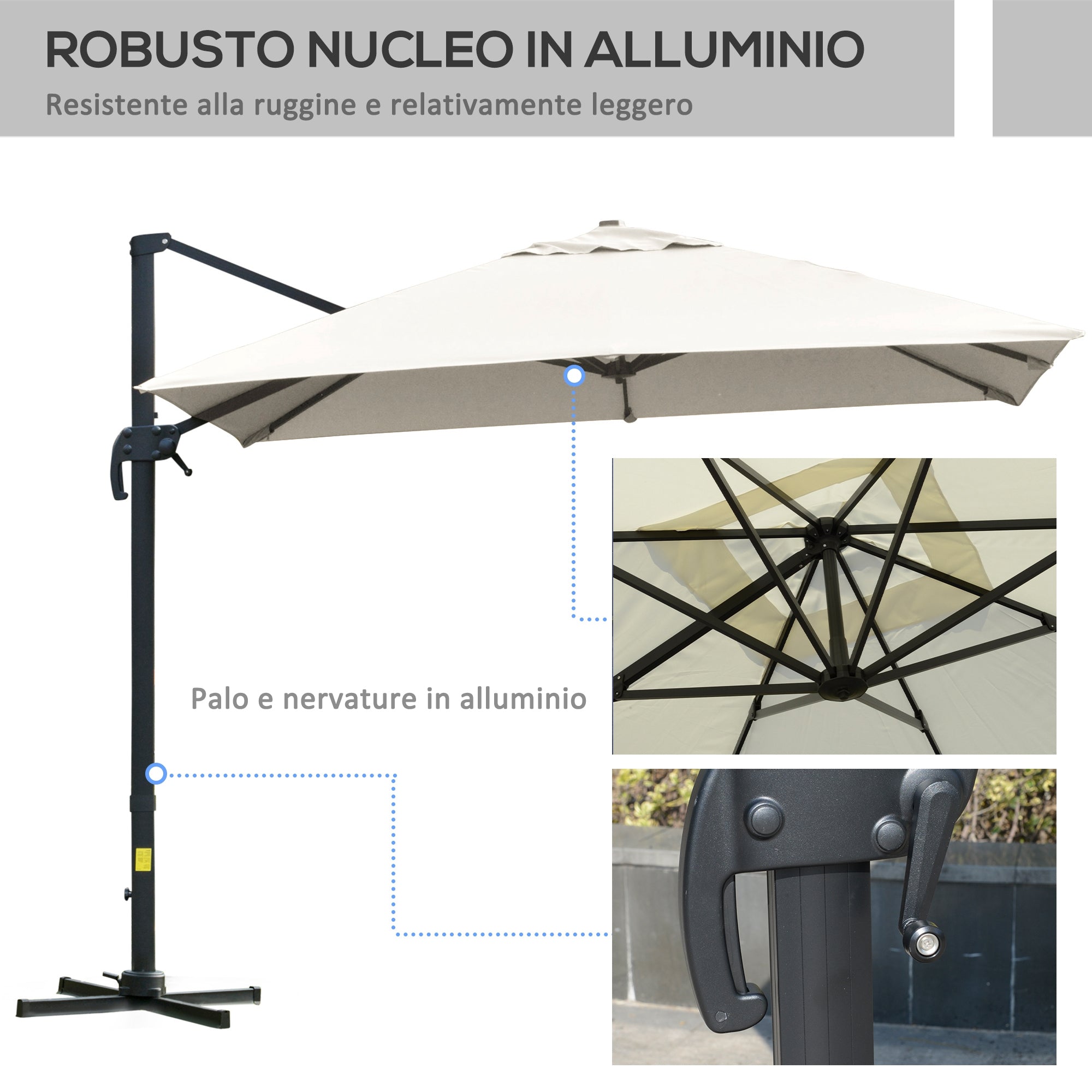3x3m Cantilever Umbrella Tiltable with Crank and Cross Base, in Steel and Polyester, Cream White