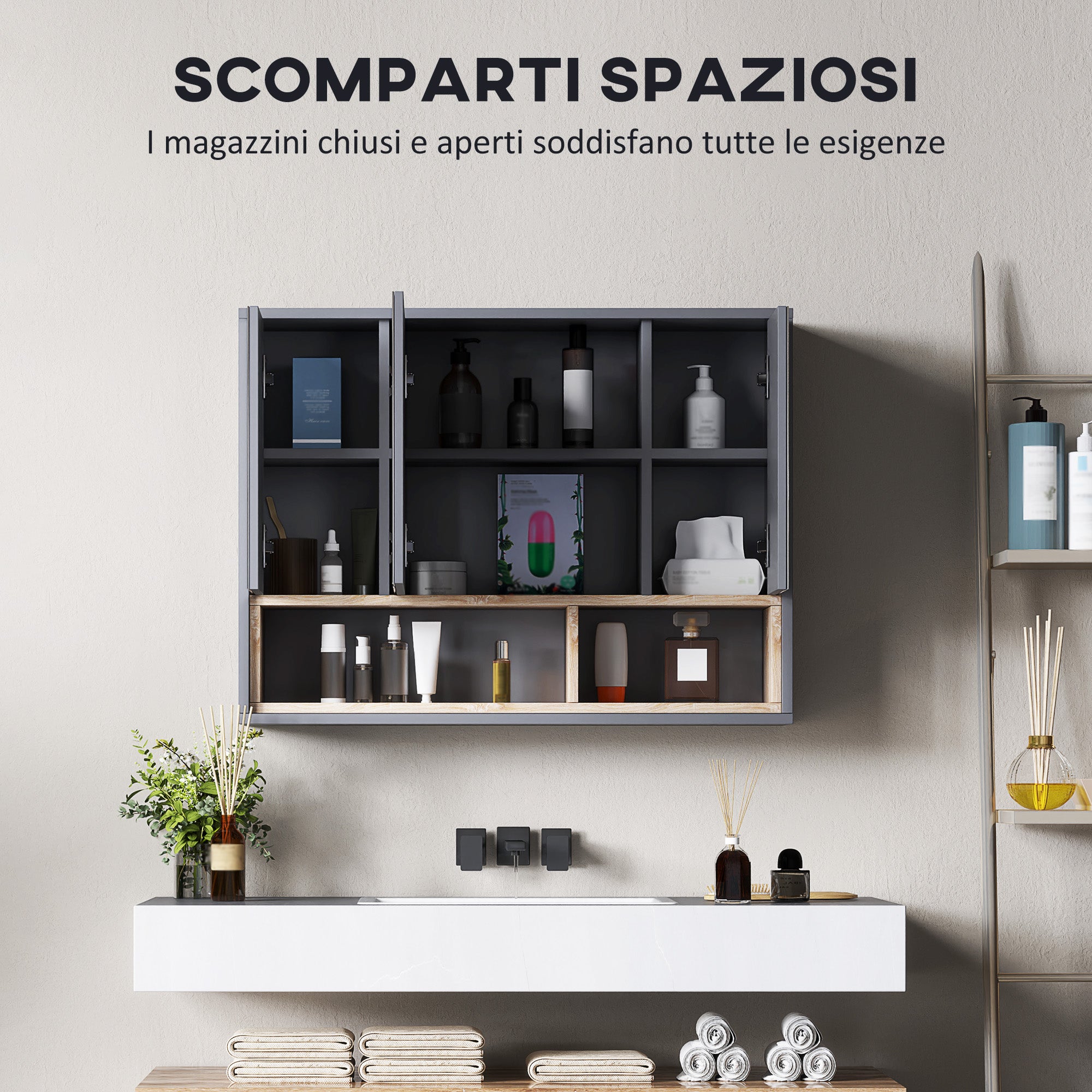Bathroom Mirror 3-Door with 8-Compartment Cabinet and Soft-Cushioned Doors, 80x20x60 cm, Grey