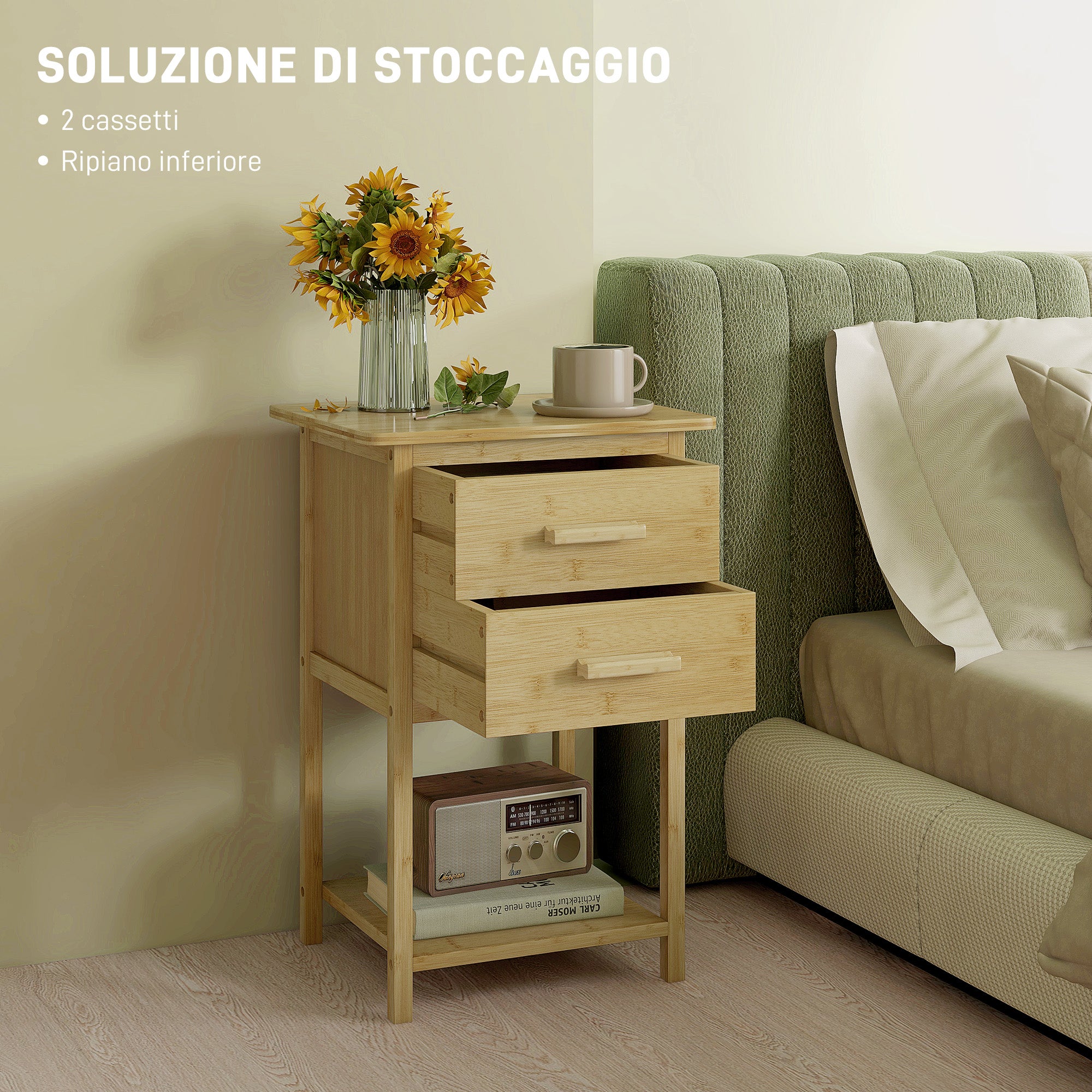 HOMCOM Set of 2 Bedside Tables with 2 Drawers and Lower Shelf in Nordic Style, in Bamboo, 40x34x60 cm - Borgè