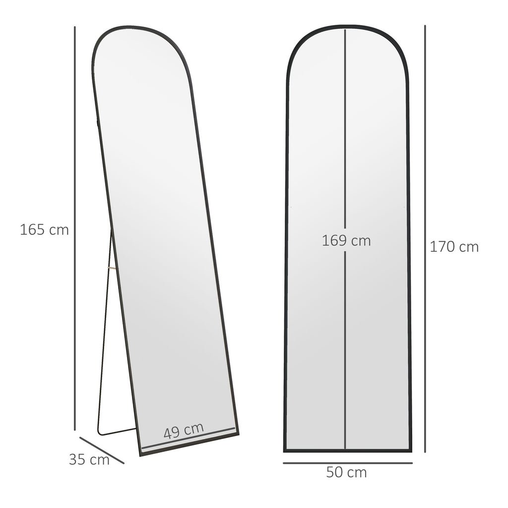 Modern Aluminum Alloy Floor and Wall Mirror with Folding Stand, 50x170 cm, Black