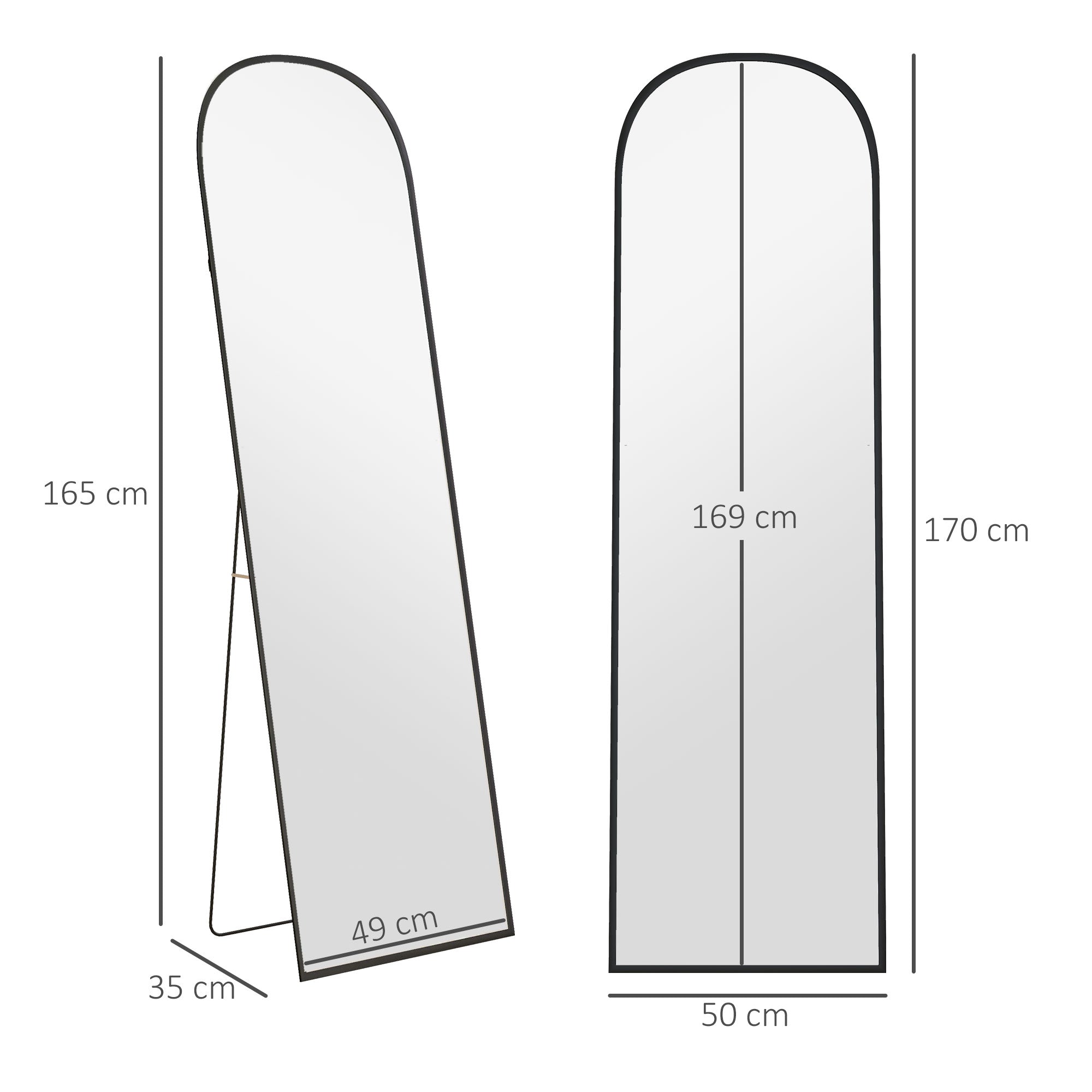 Modern Aluminum Alloy Floor and Wall Mirror with Folding Stand, 50x170 cm, Black
