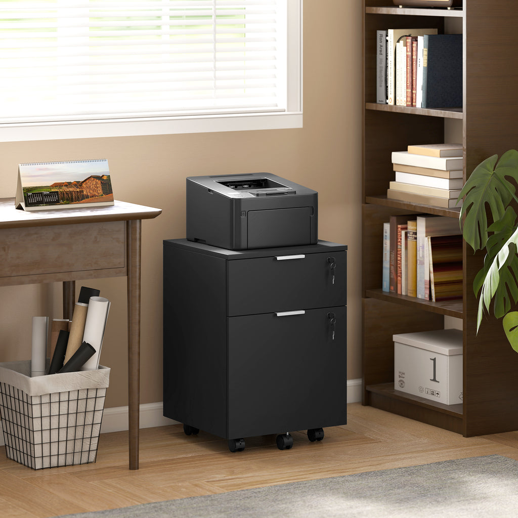 HOMCOM Office Filing Cabinet with 2 Drawers, Lockable, Braked Wheels, for A4/Legal Size, 42x40x60 cm, Black