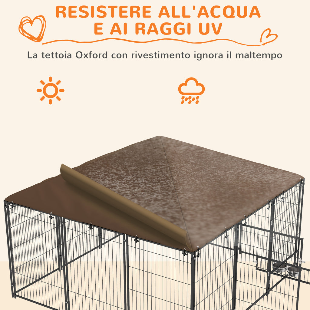 Dog Run in Metal and Oxford Fabric with Door for Bowls, 211x211x151 cm, Black and Brown - Borgè