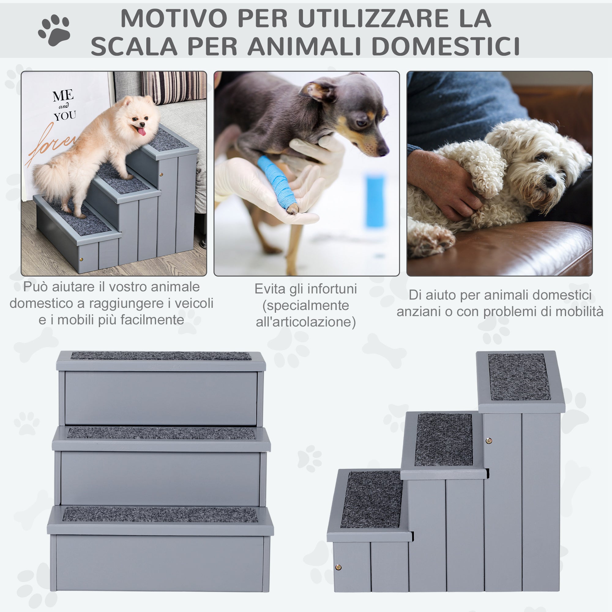 3-Step Dog Stairs with Non-Slip Mat and Storage Space, 40.5 x 44.5 x 38 cm, Grey