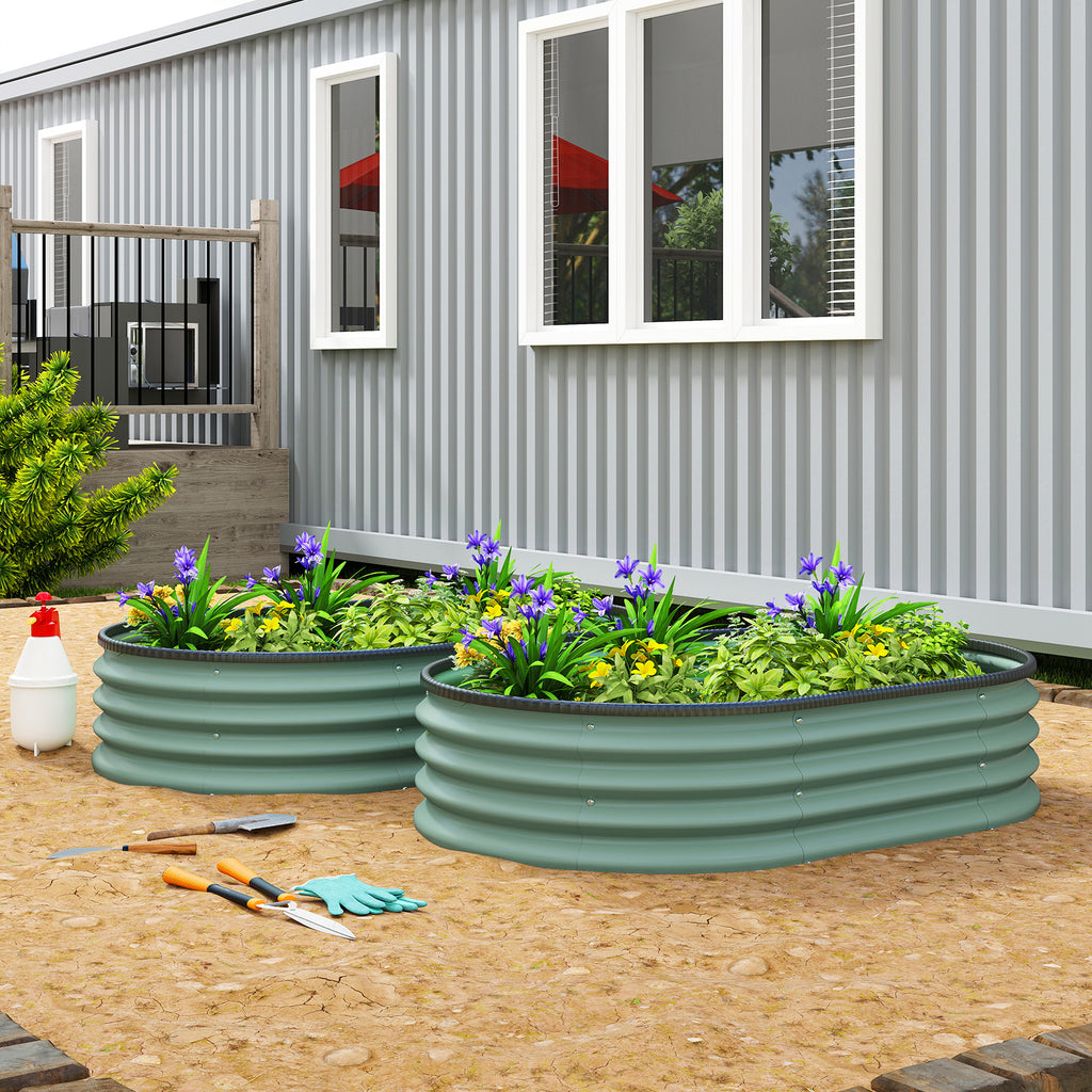 Outsunny Set of 2 Raised Garden Beds in Galvanized Metal with Rubber Edge and Modular Design, 135x90x30 cm Green
