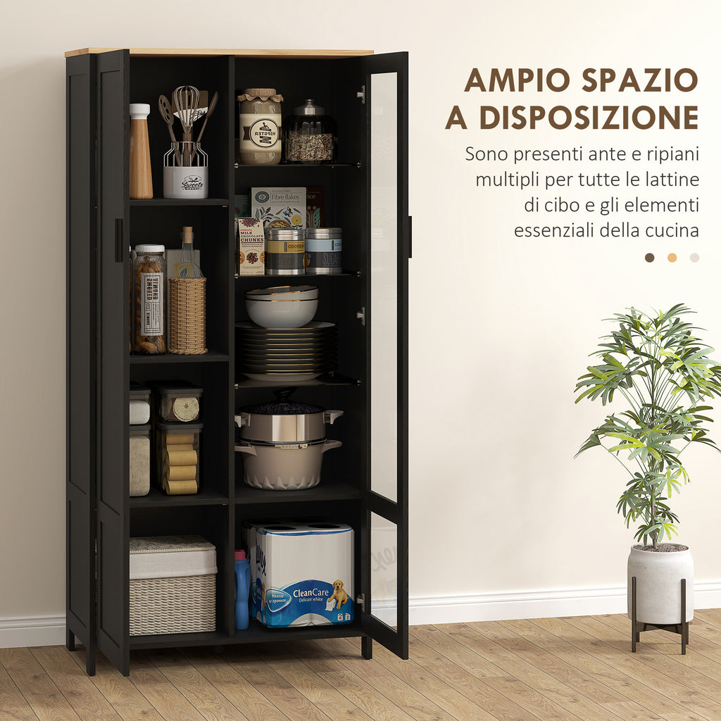 Wooden Kitchen Pantry Cabinet with 9 Adjustable Shelves with Glass Doors, 76x36x160 cm, Black and Wood color