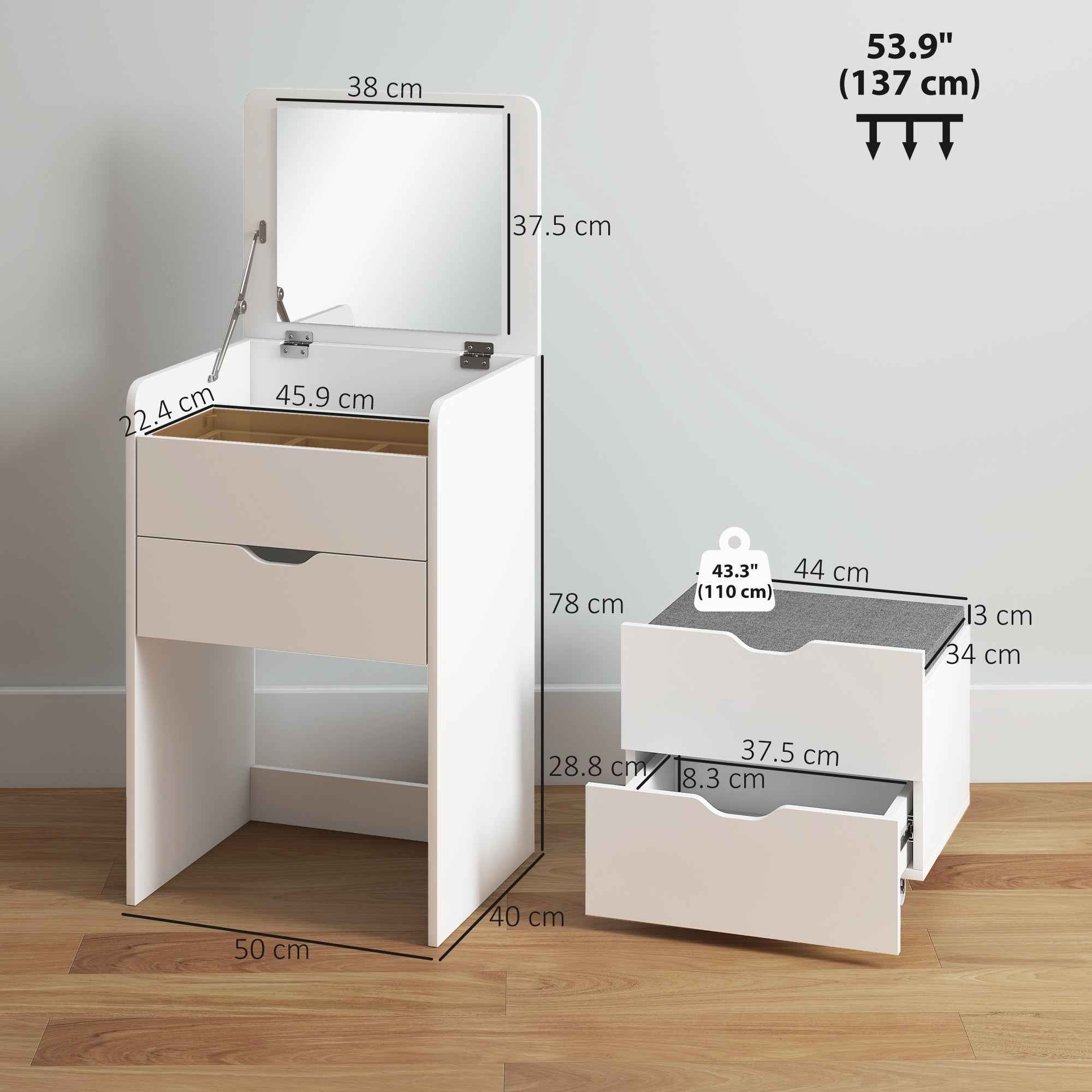 HOMCOM 3-in-1 Dressing Table with Mirror, Compartment, 2 Drawers and Stool, Wooden, 50x40x78 cm, White