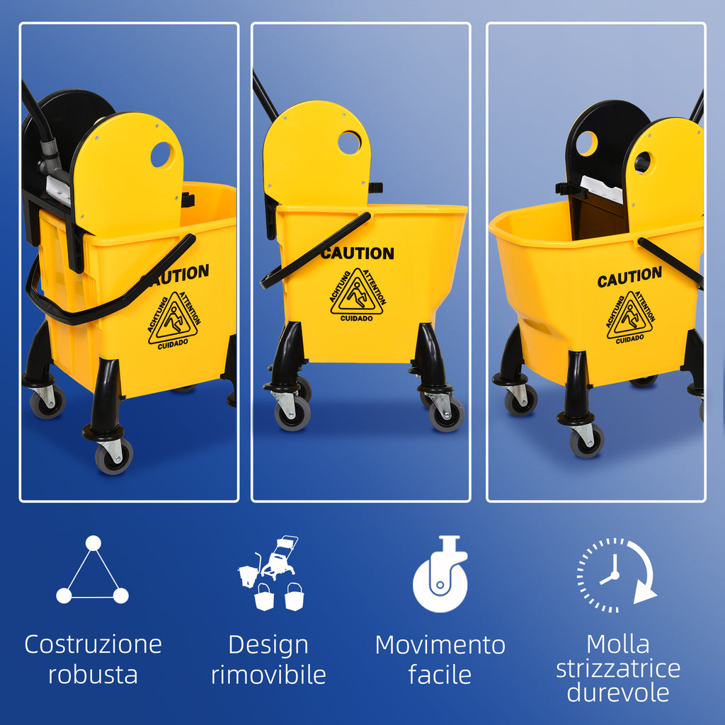 Professional Floor Mop Bucket with Manual Wringer, 4 Wheels and Metal Handle, Yellow