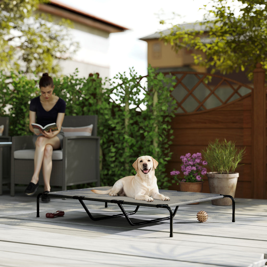 PawHut Raised Outdoor Dog Bed for Large Dogs, Made of Steel and Breathable Mesh, 152 x 94 x 23 cm, Grey