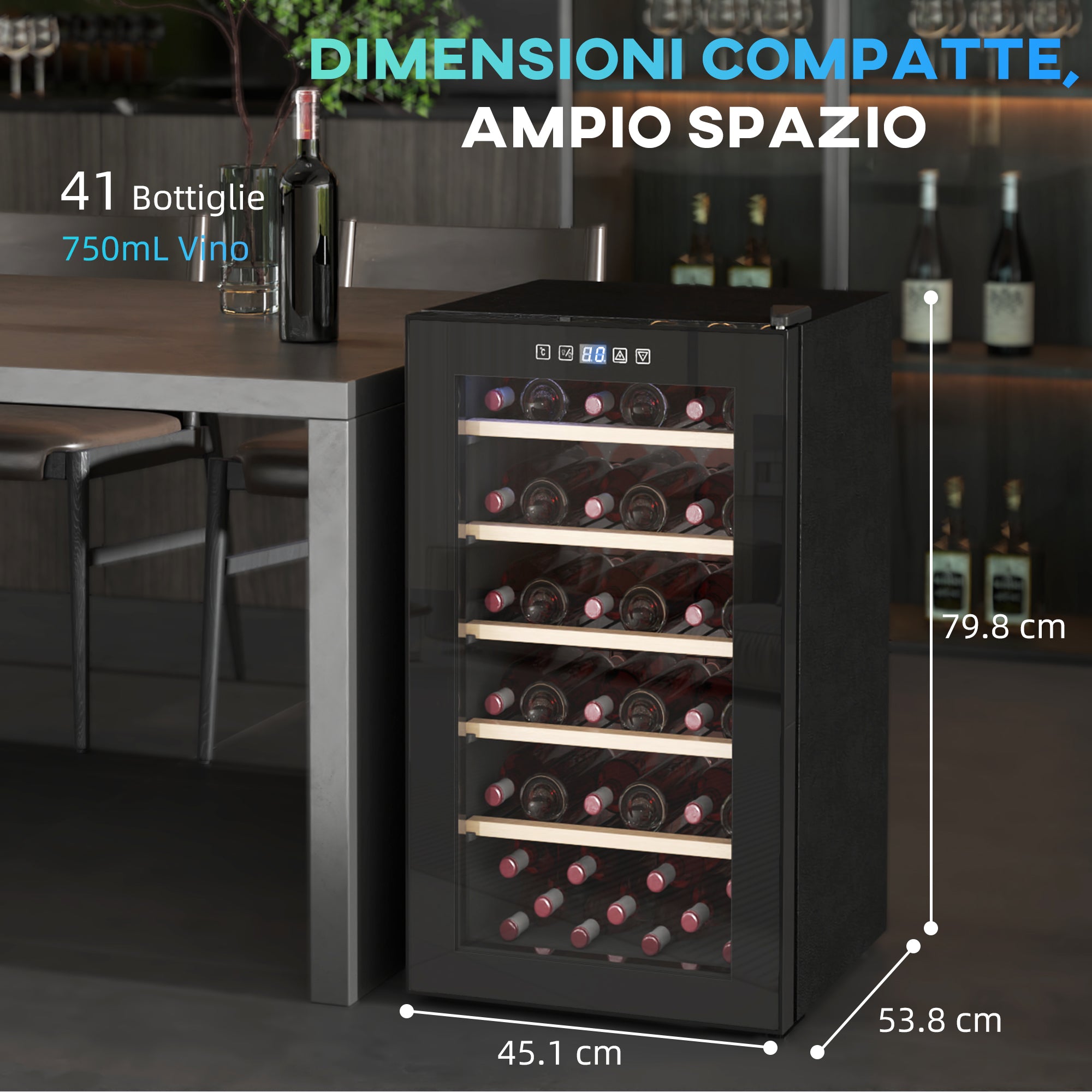 Wine Refrigerator for 41 Bottles, 91L Capacity, Temperature Control and Wooden Shelves, Black
