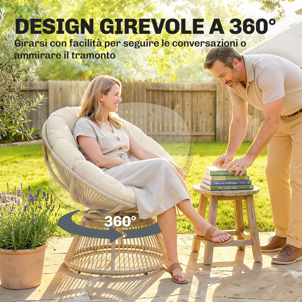 Outsunny Papasan Rattan 360° Moon Chair with Cushion Indoor/Outdoor, Cream White