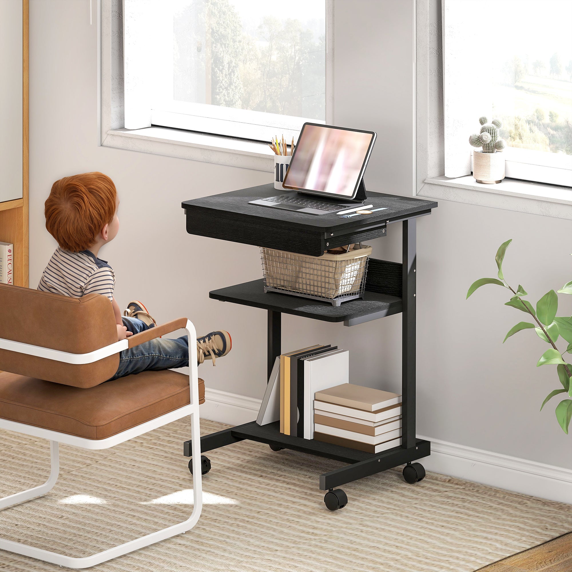 PC Desk with Sliding Drawer, 2 Shelves and 4 Wheels, in Wood and Metal, 56x51x79 cm, Black