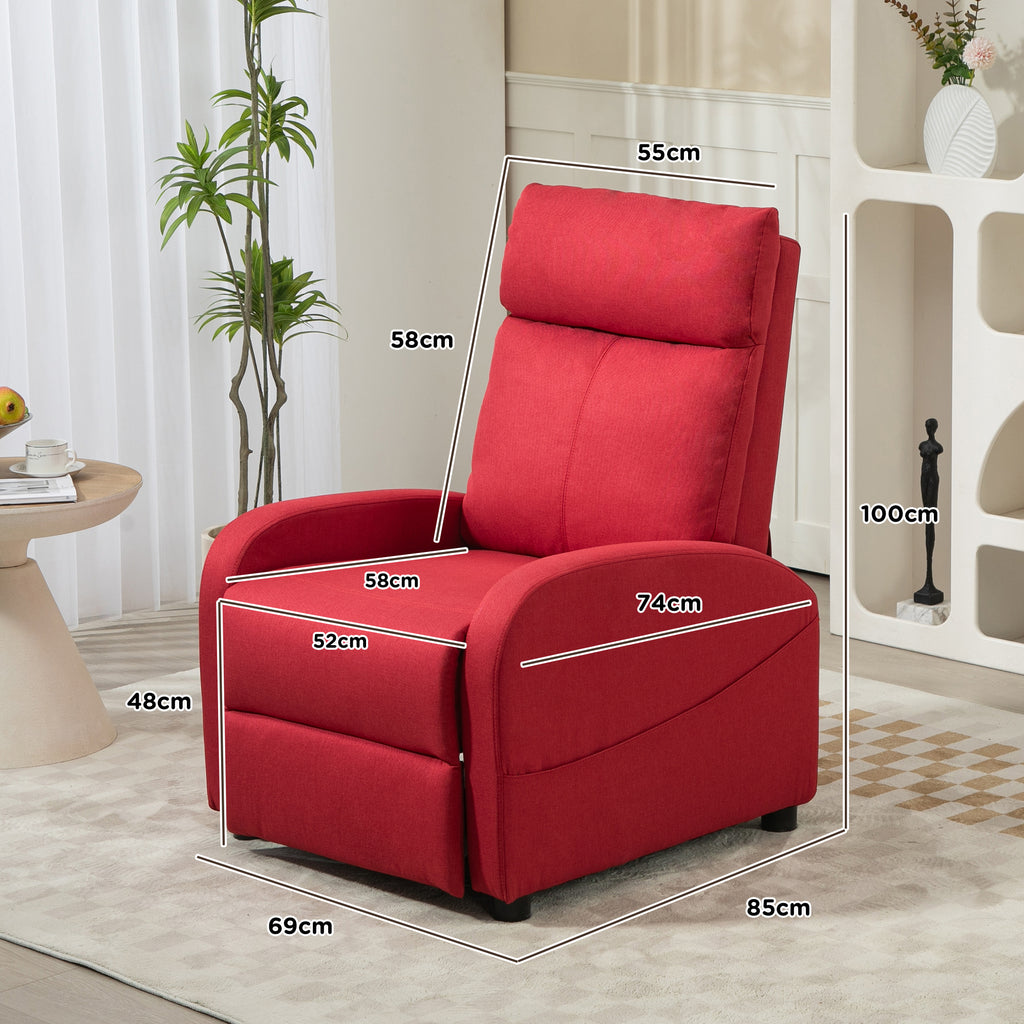 Reclining Relax Chair with Footrest in Linen Effect Fabric, 69x85x100 cm, Red