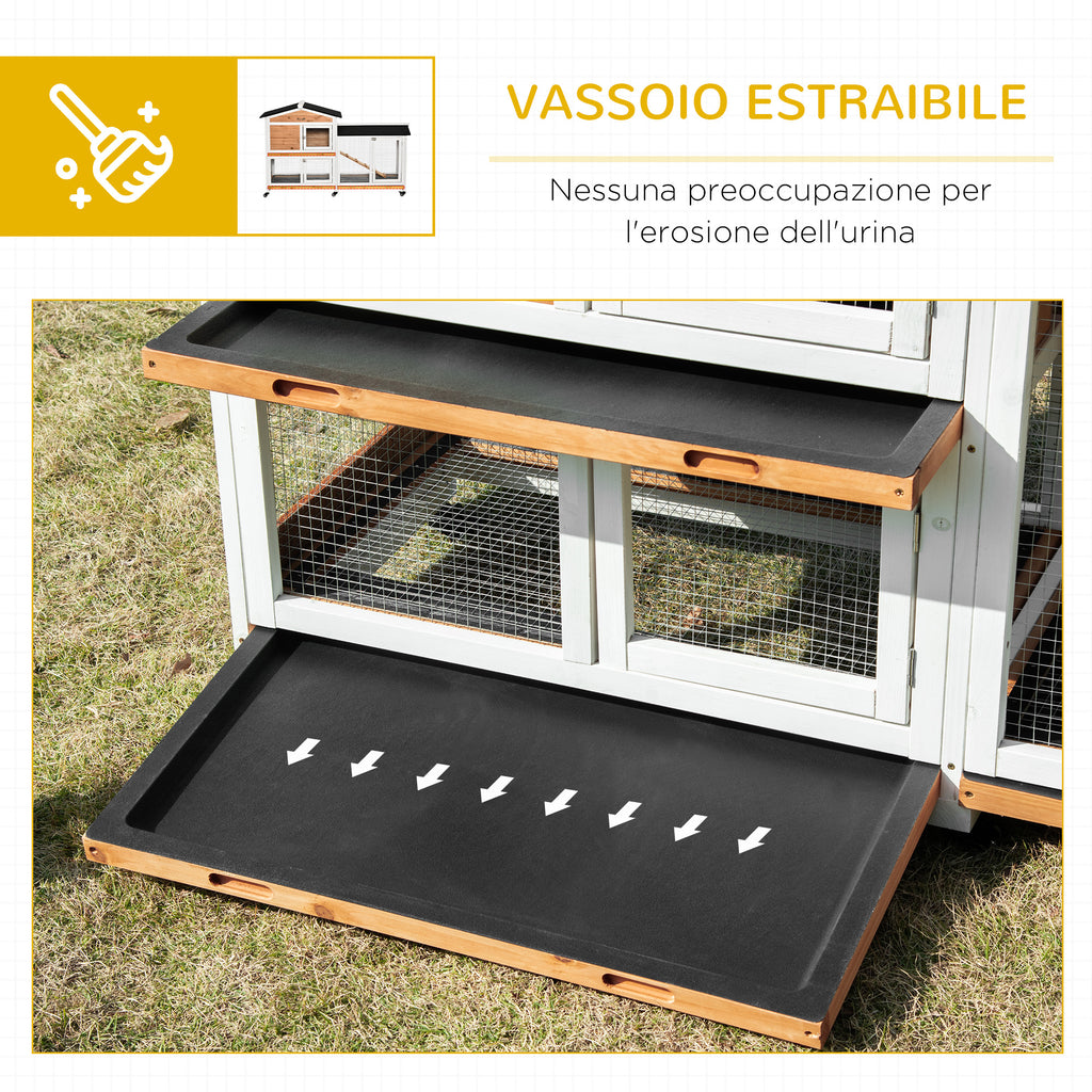 2-Tier Rabbit Hutch with Protective Net, Made of Wood, Metal and Tar, 157.4x53x99.5 cm, Yellow White and Black