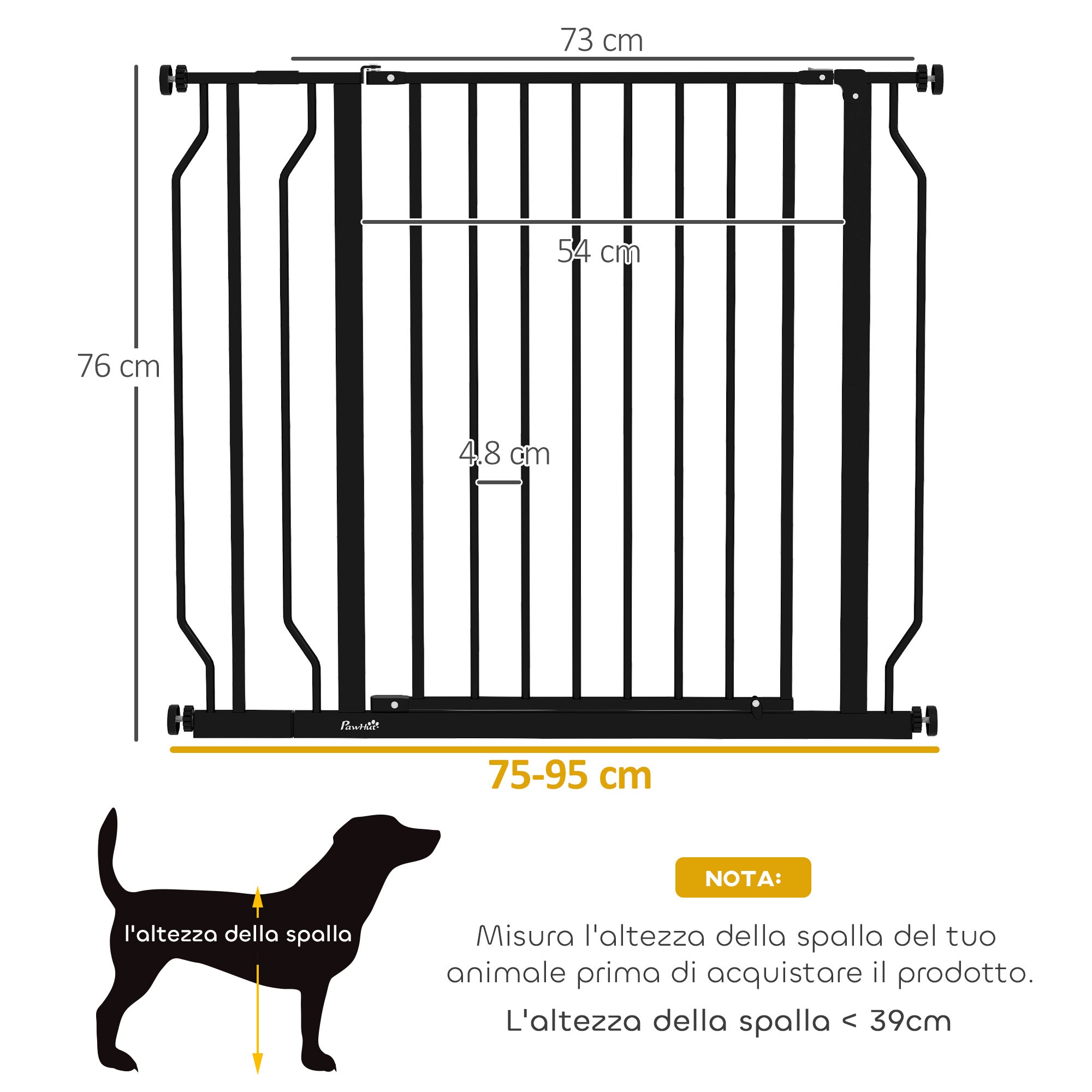 Extendable Dog Safety Gate 75-95 cm in Steel and ABS, 75-95x76 cm, Black