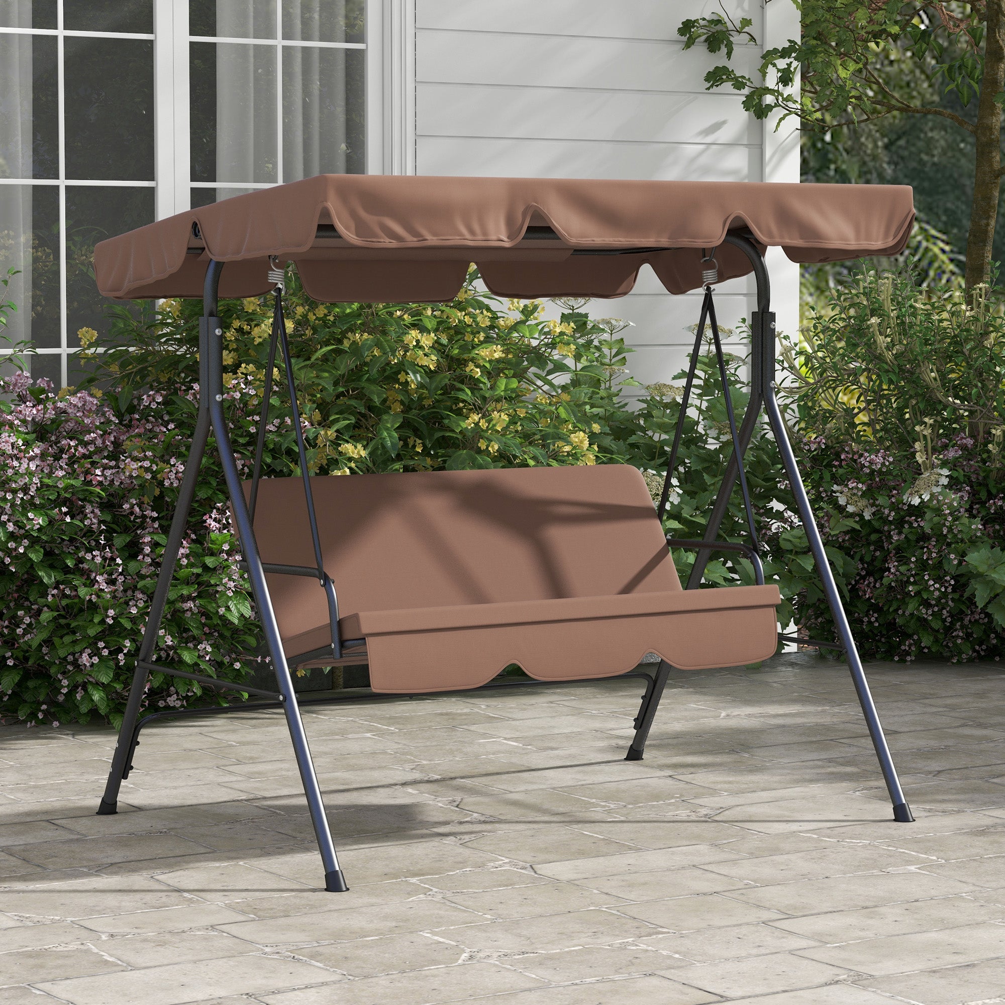 3 Seater Garden Swing with Tilting Sun Canopy and Cushions, 172x110x153 cm, Brown and Black