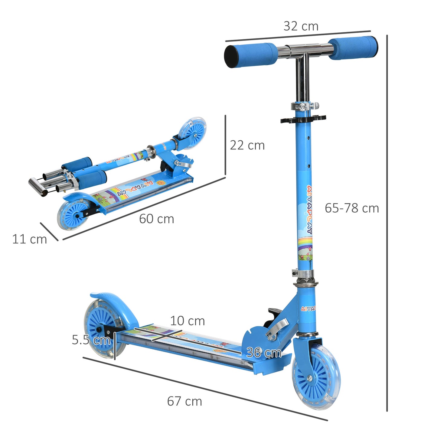 Children's Scooter 3-7 Years Foldable 2 Wheels and Adjustable Height, 67x32x65-78 cm, Blue