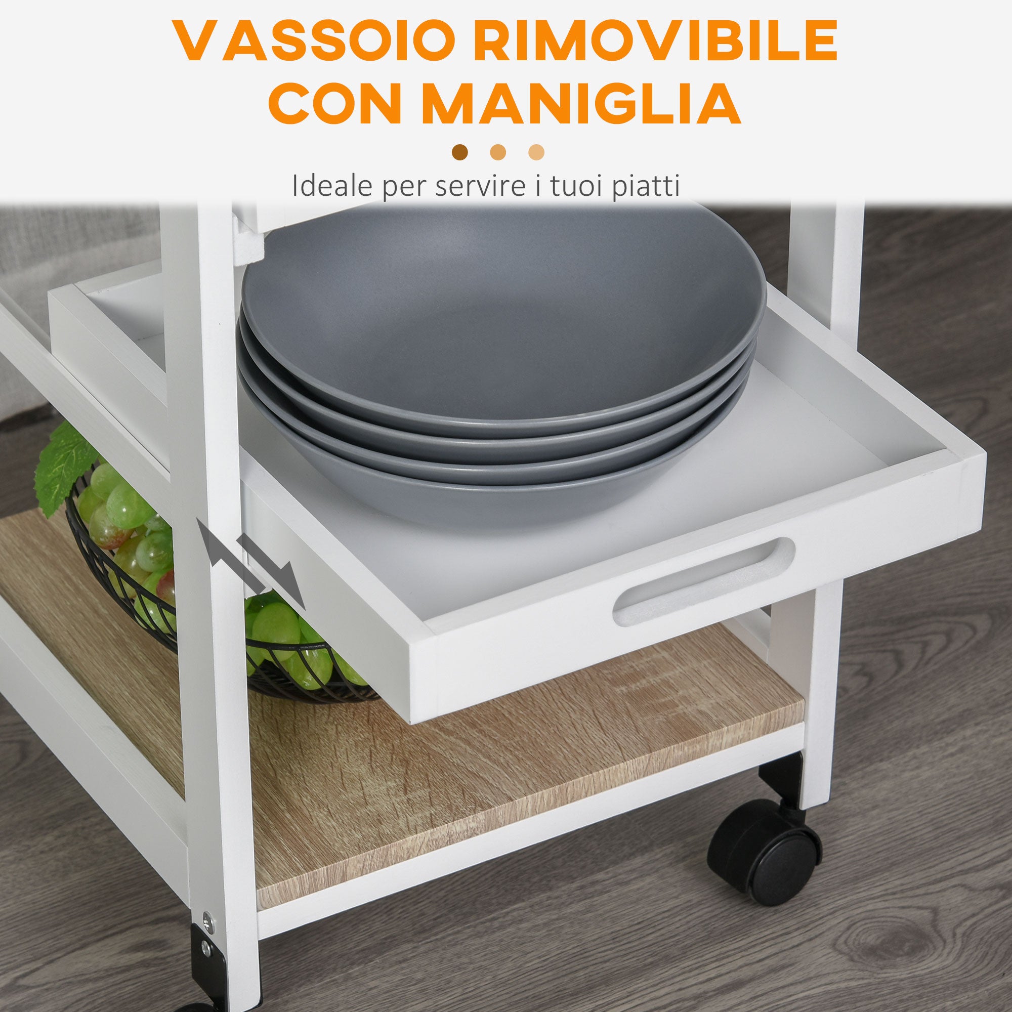 Space-Saving Kitchen Cart in Pine Wood and MDF, Storage Trolley with Drawer, Basket, 2 Trays and 4 Universal Wheels, 37x37x82cm, White