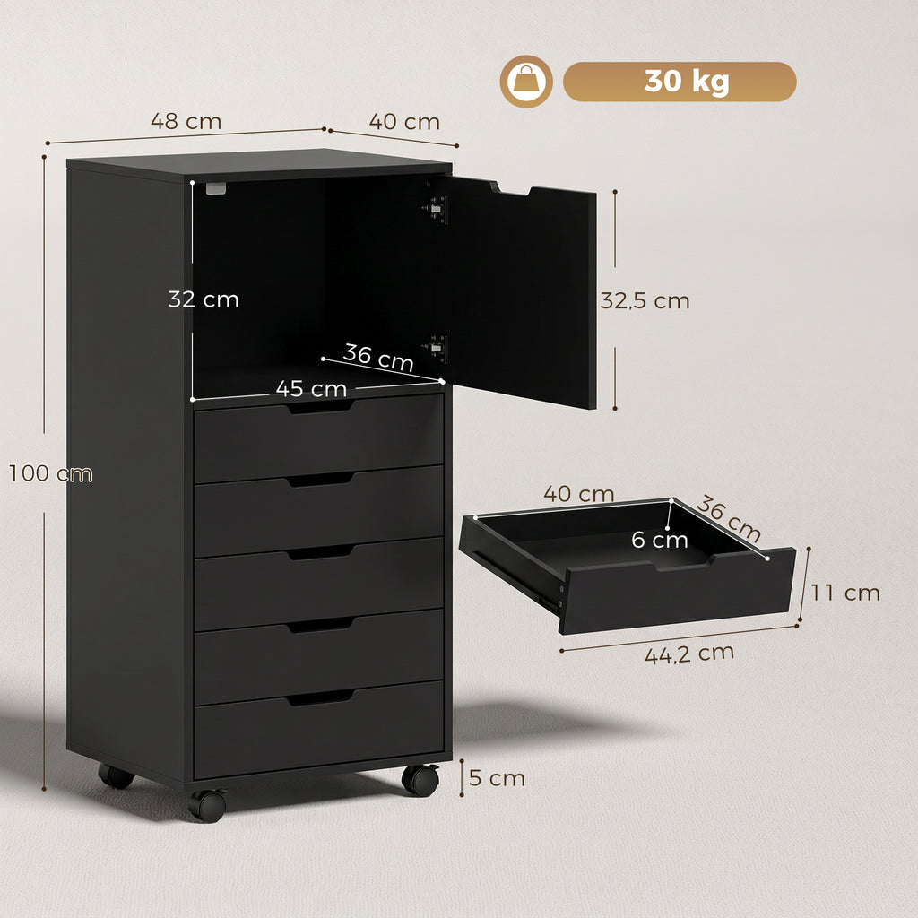 HOMCOM Mobile Printer File Cabinet with 5 Drawers and Wheels, Black