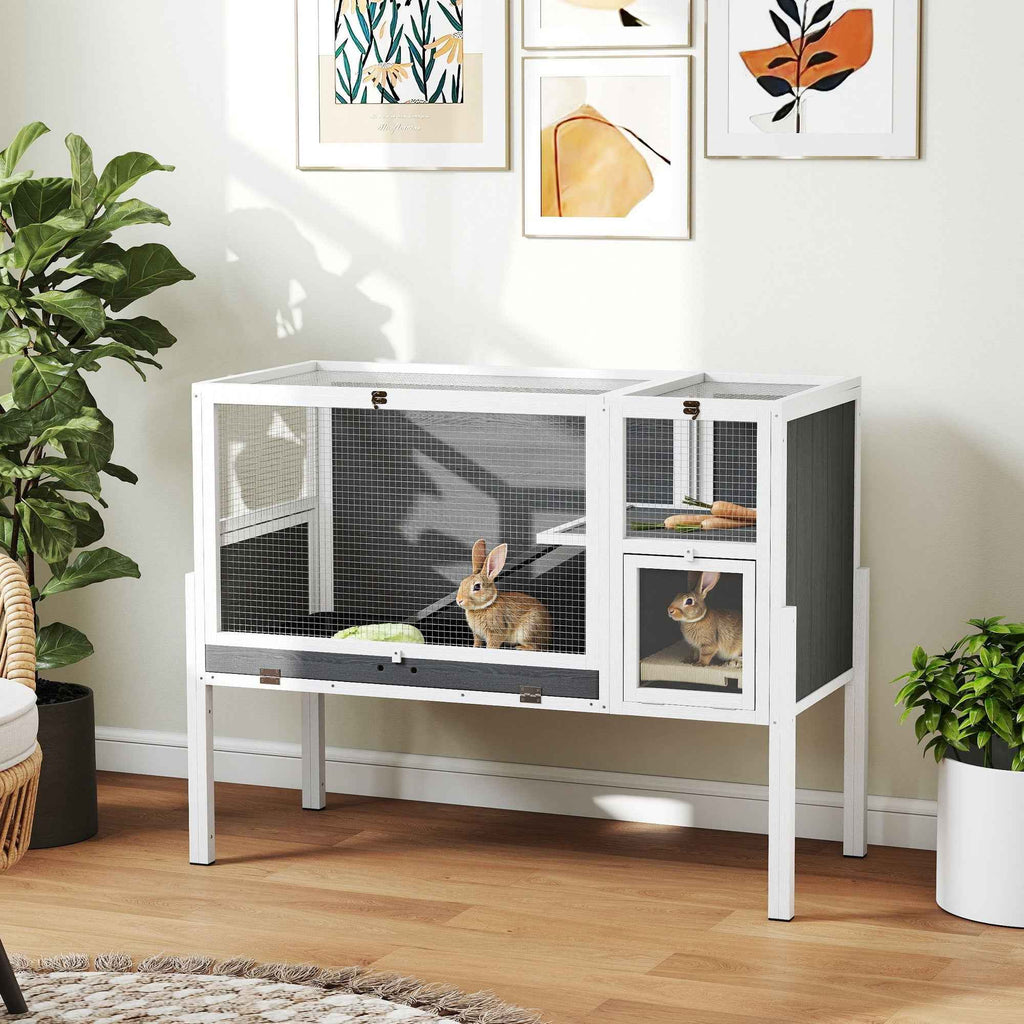 PawHut Raised Indoor Rabbit and Hamster Cage with Removable Tray and Opening Roof, Grey