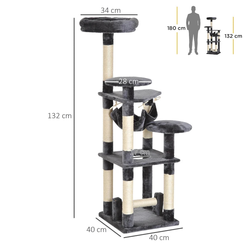 4-Tier Cat Tree with Hammock, Natural Sisal Plush Platforms, 132cm Height, Grey 4.8 (25) - Borge' Group Limited