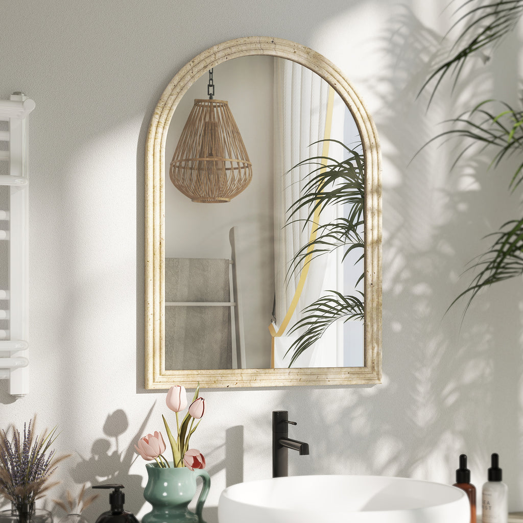 Arched Wall Mirror with Fluted Edge and Hooks, Glass and Polystyrene, 60x2x90 cm, Beige