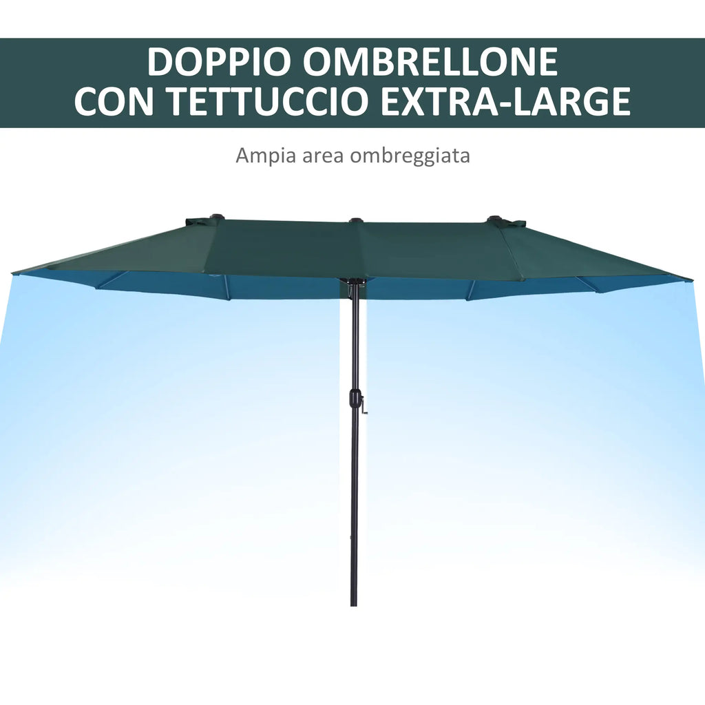 Double Garden Umbrella with Crank Opening, in Steel and Polyester, 455x265x238cm, Dark Green - Borge' Group Limited