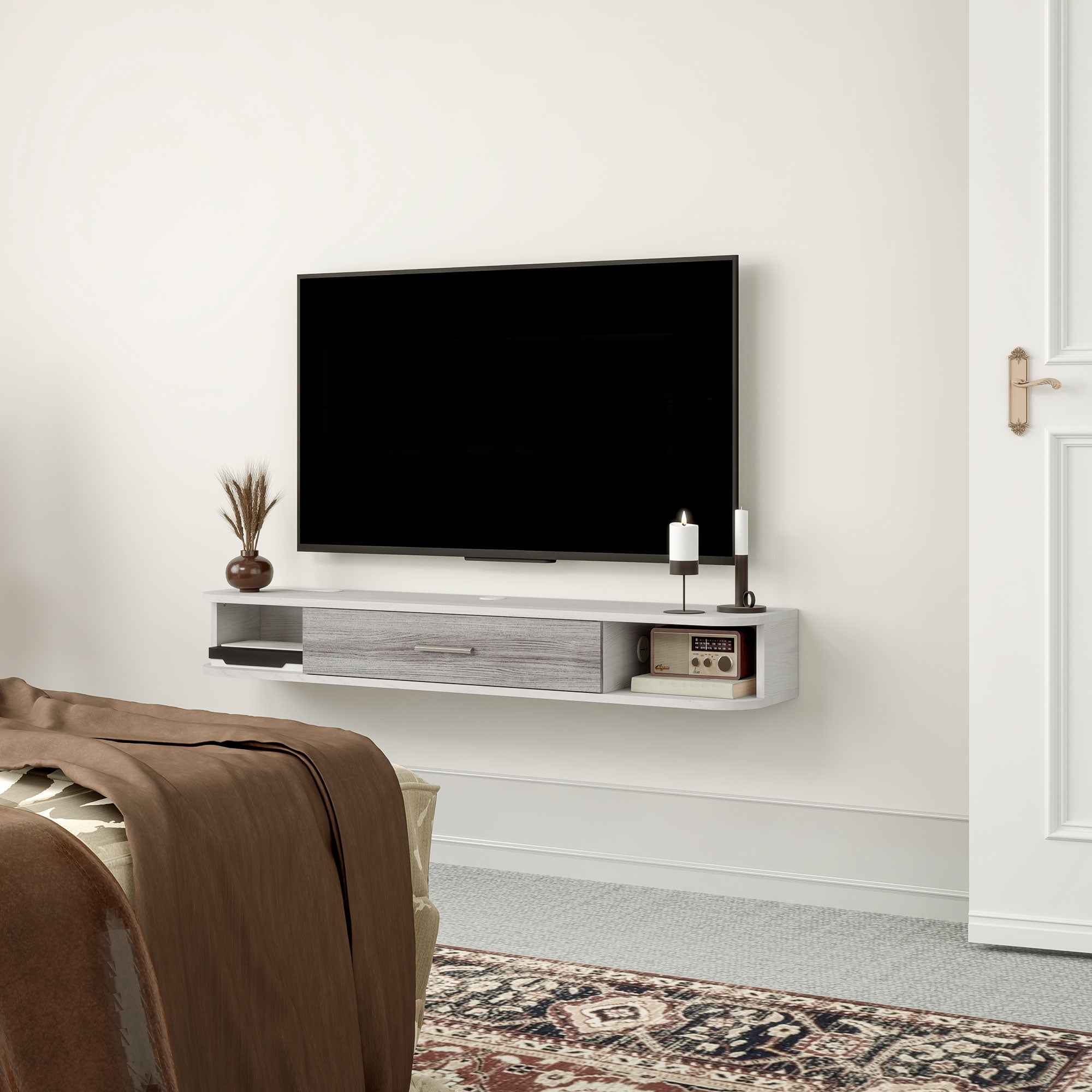 Wooden Wall Mounted TV Cabinet with 2 Open Shelves and Cabinet, 120x26x16 cm, White and Grey