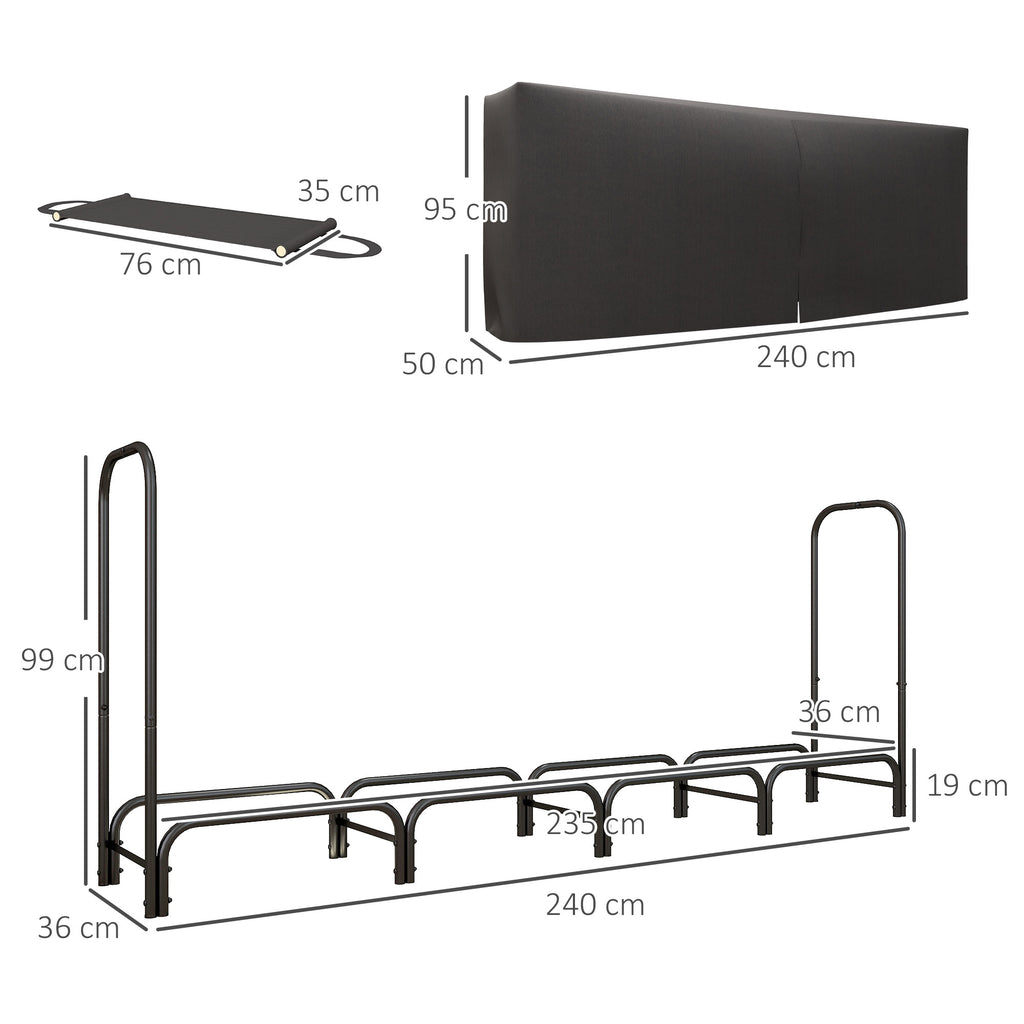 Indoor and Outdoor Metal Firewood Rack with Firewood Holder and Cover, 240x36x99cm, Black