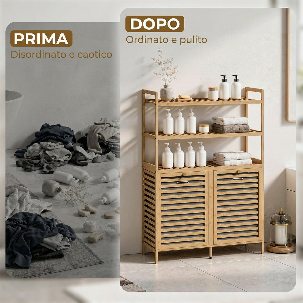 HOMCOM Tiltable Double Laundry Cabinet, Bamboo, 2 Baskets, 3 Shelves, Oak Color