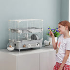 2-Tier, 3-Door Hamster Cage with Wheel and Tubes, Steel, PS and PP, 44.5x28x44 cm, Grey and White