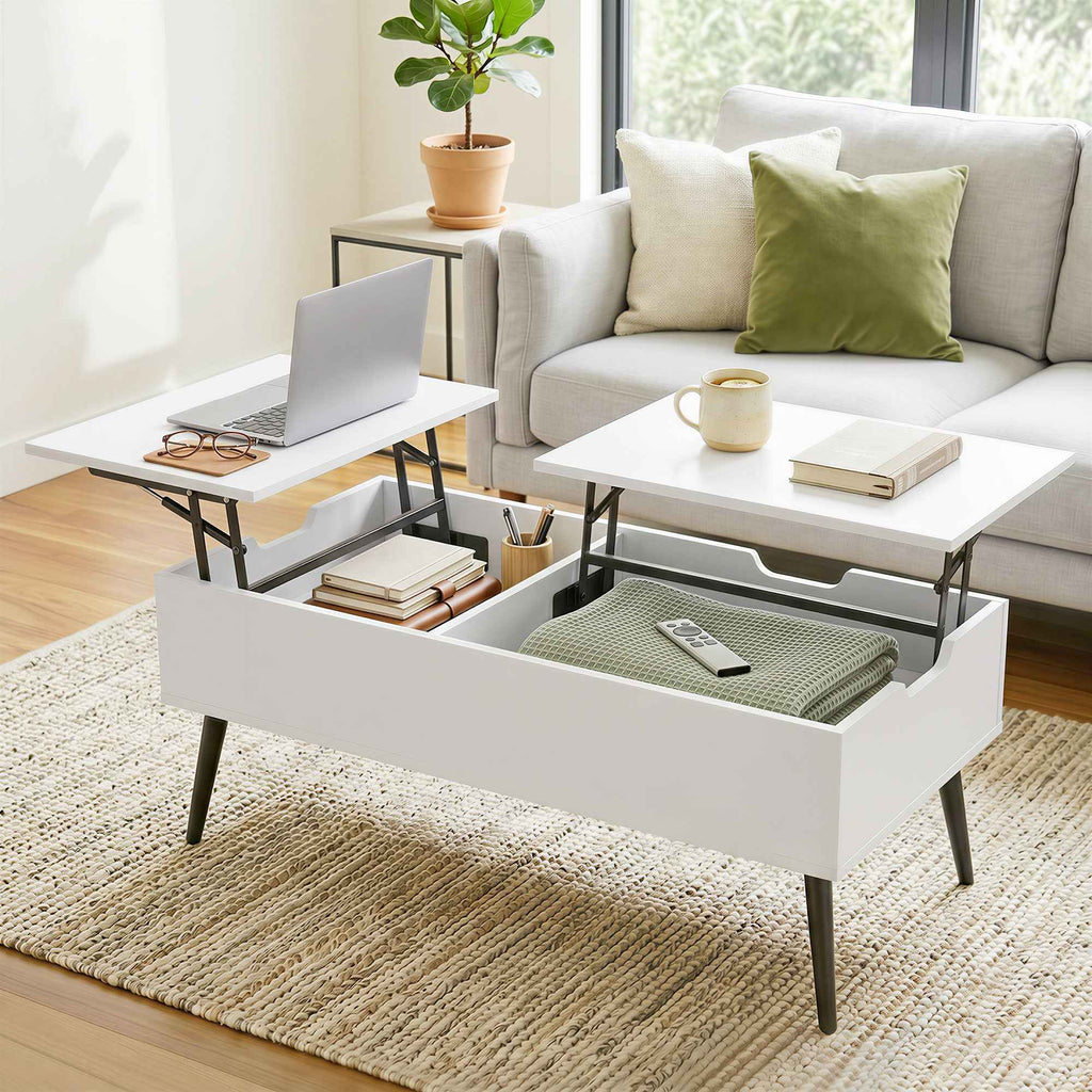HOMCOM Lift-Up Coffee Table with Double Top and Hidden Storage, White for Living Room