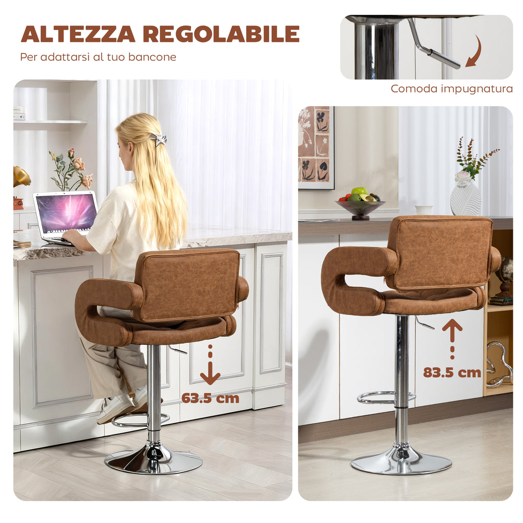 HOMCOM Bar Stool with Backrest and Armrests, Adjustable Height and Footrest, Brown Faux Leather