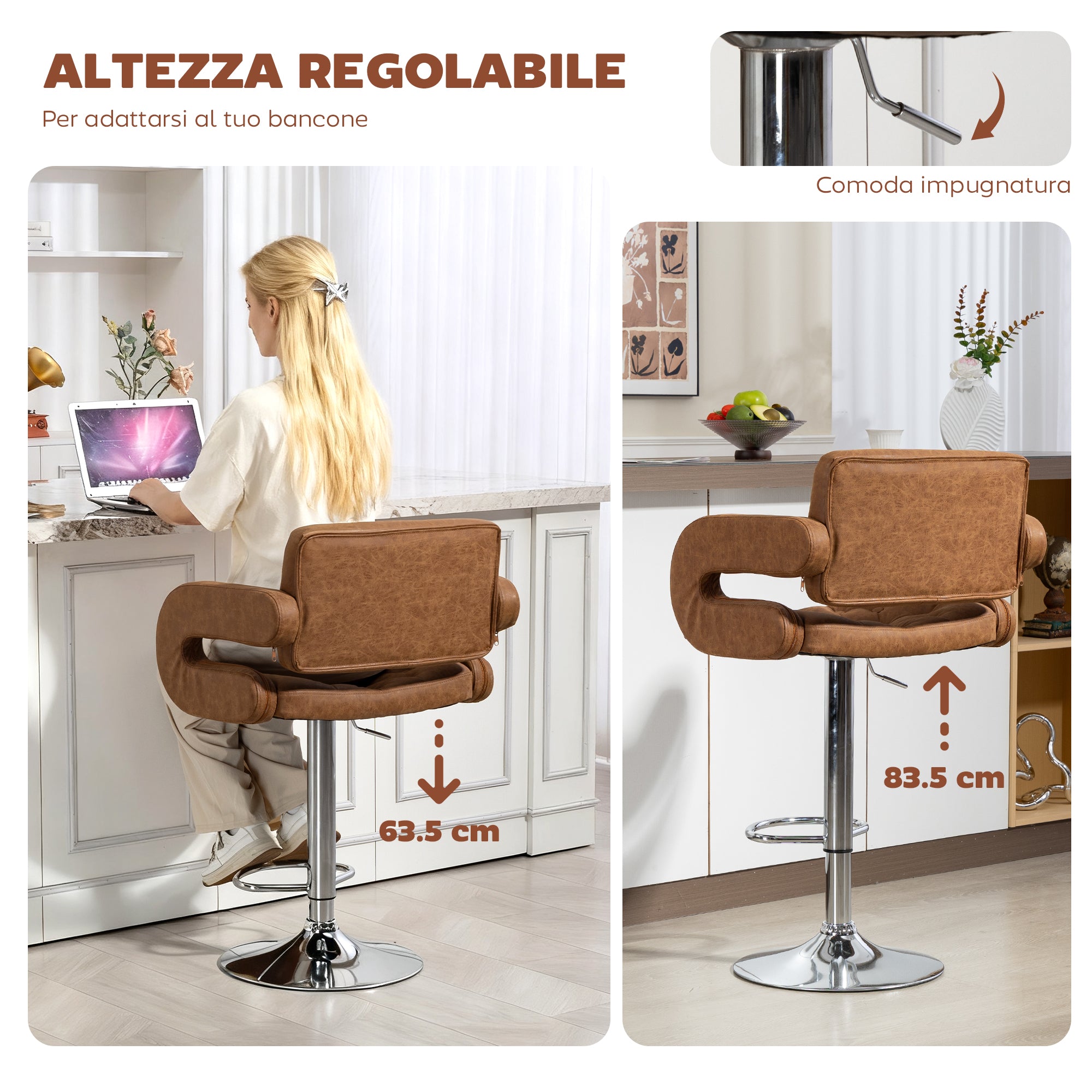 HOMCOM Bar Stool with Backrest and Armrests, Adjustable Height and Footrest, Brown Faux Leather