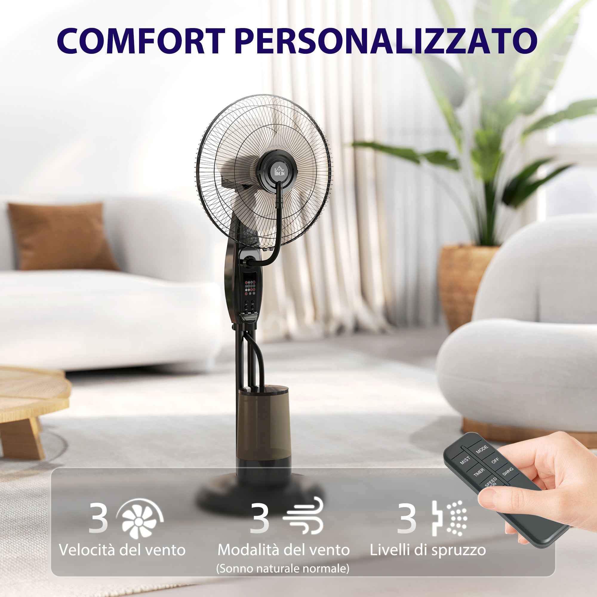 HOMCOM Misting Fan with 3.2L Tank, 3 Modes and 3 Speeds, 70° Oscillation, Timer, Remote Control