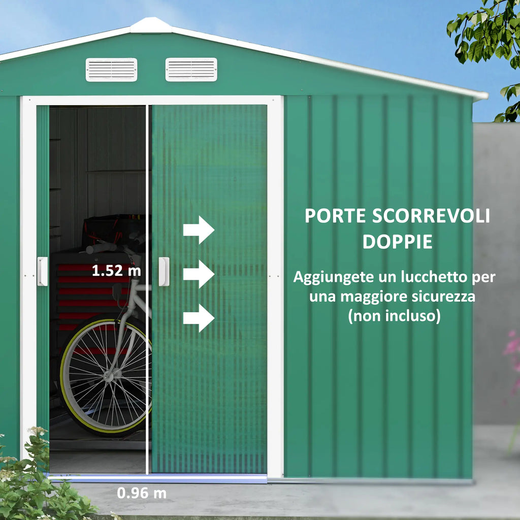 Garden Shed with Base and Double Sliding Doors, Steel Garden Shed, 277x195x192 cm, Dark Green - Borge' Group Limited