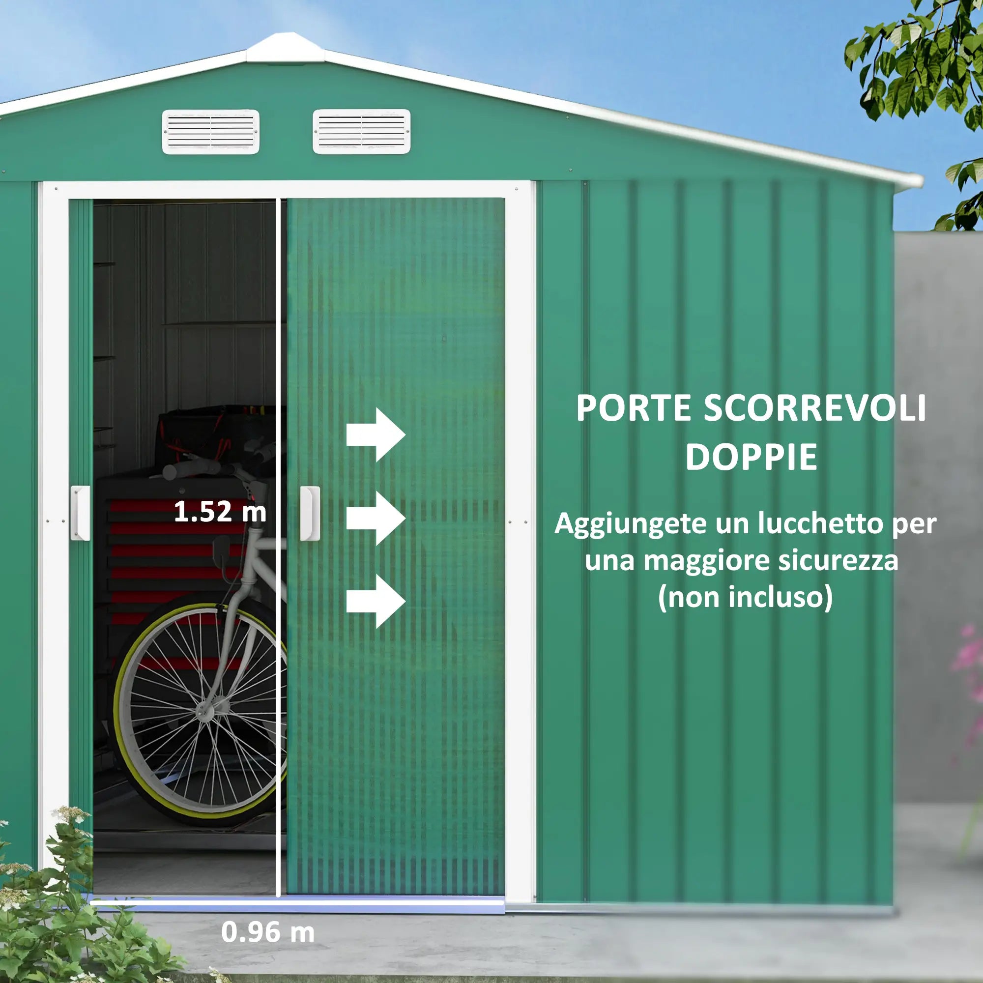 Garden Shed with Base and Double Sliding Doors, Steel Garden Shed, 277x195x192 cm, Dark Green - Borge' Group Limited