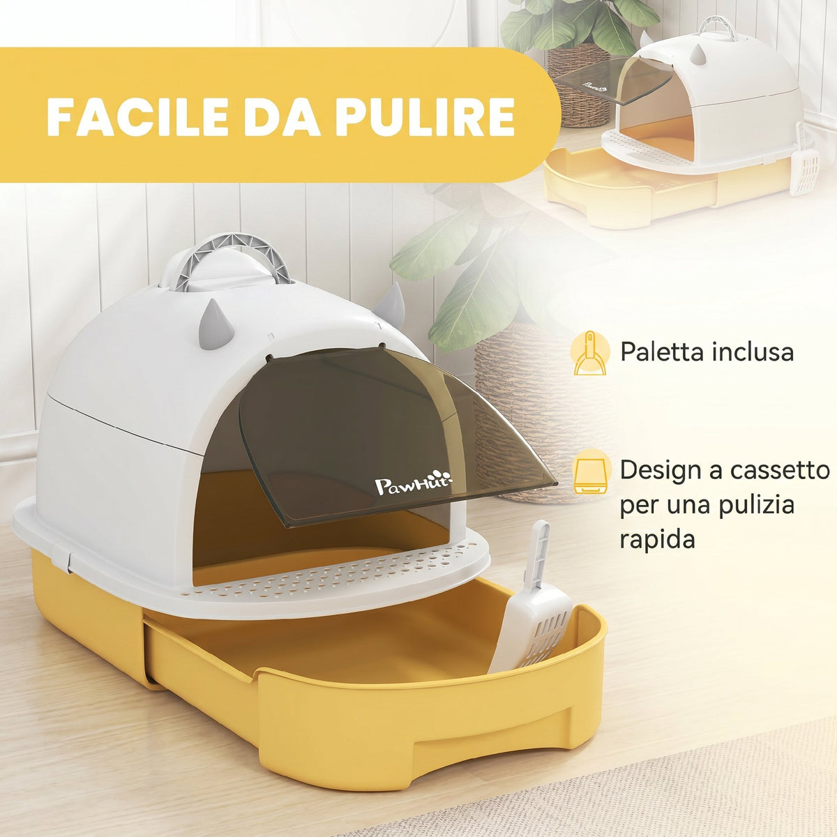 PawHut Enclosed Cat Litter Box with Removable Tray, Handle, Scoop and 2 Activated Carbon Filters, Yellow