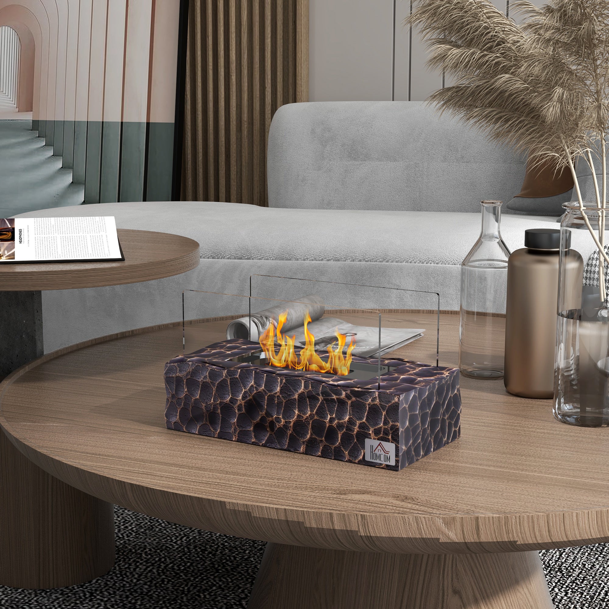 Tabletop Bioethanol Fireplace with 1.15L Burner and Glass Panel, 33x16x18cm, Black