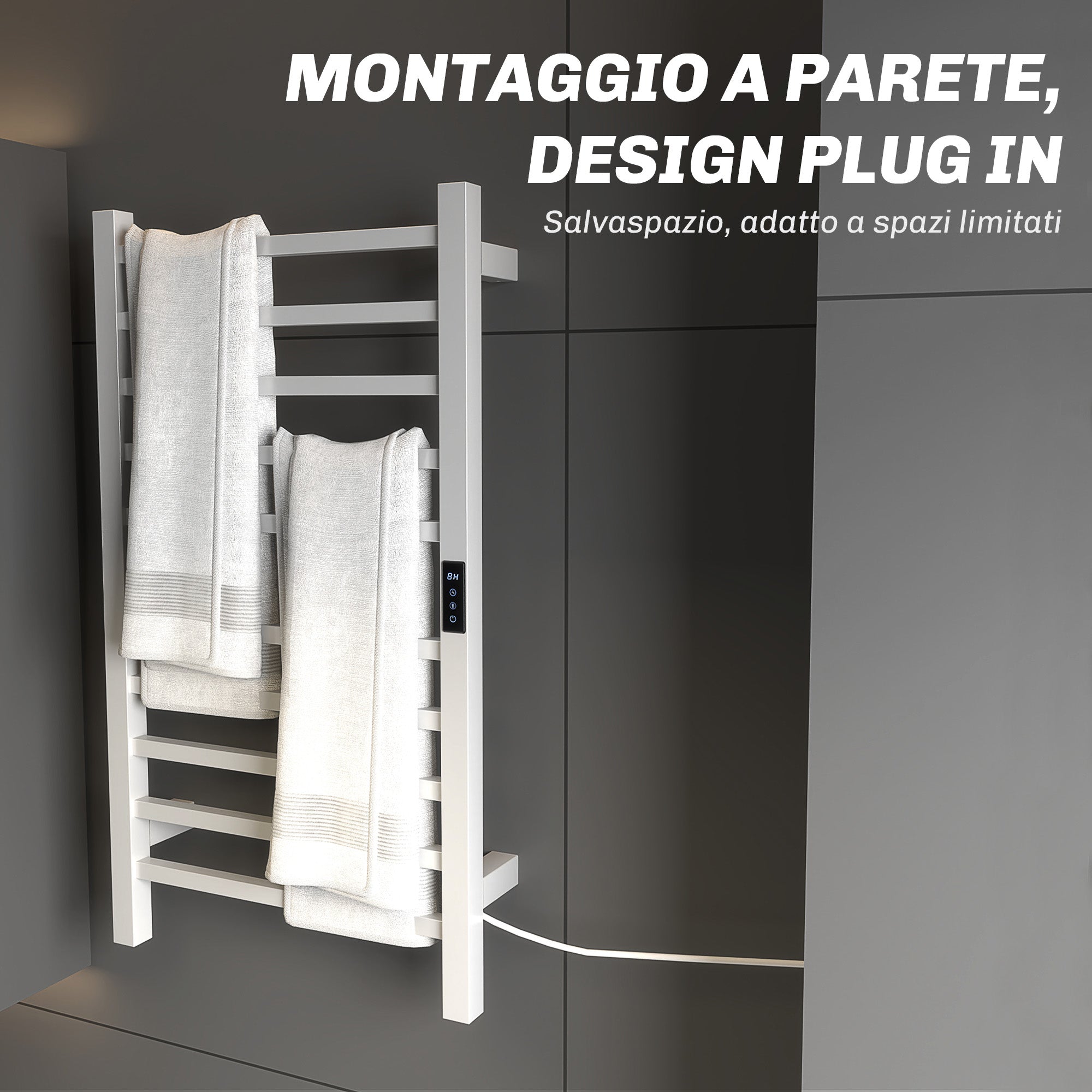 Smart 10-Bar Electric Towel Warmer with Timer and LCD Display, Stainless Steel, 45x11x80 cm, White