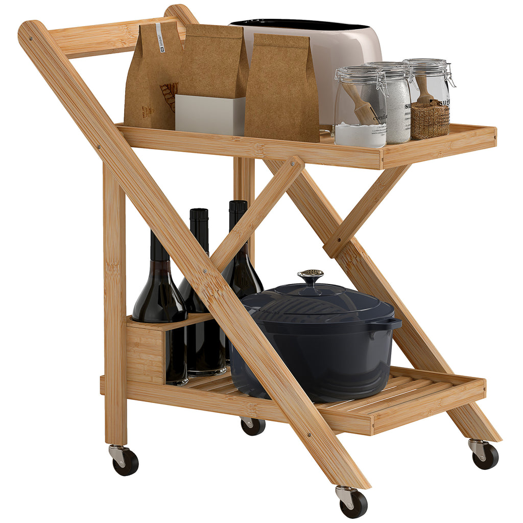 2-Tier Folding Kitchen Trolley with Bamboo Bottle Holder