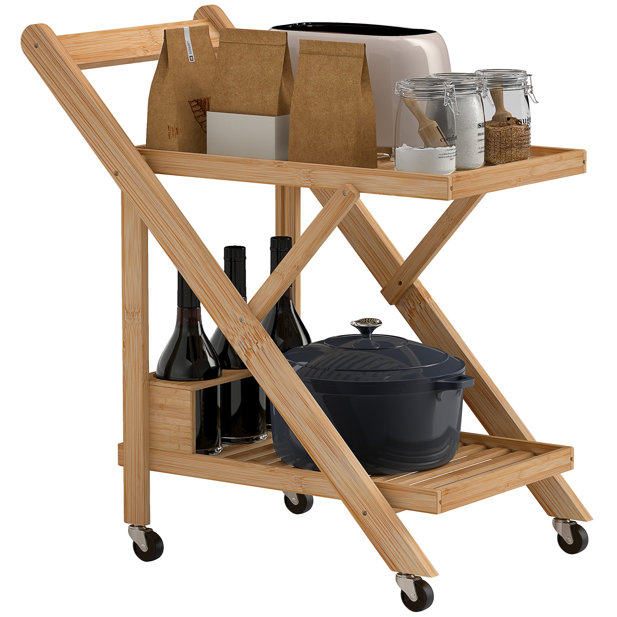 2-Tier Folding Kitchen Trolley with Bamboo Bottle Holder