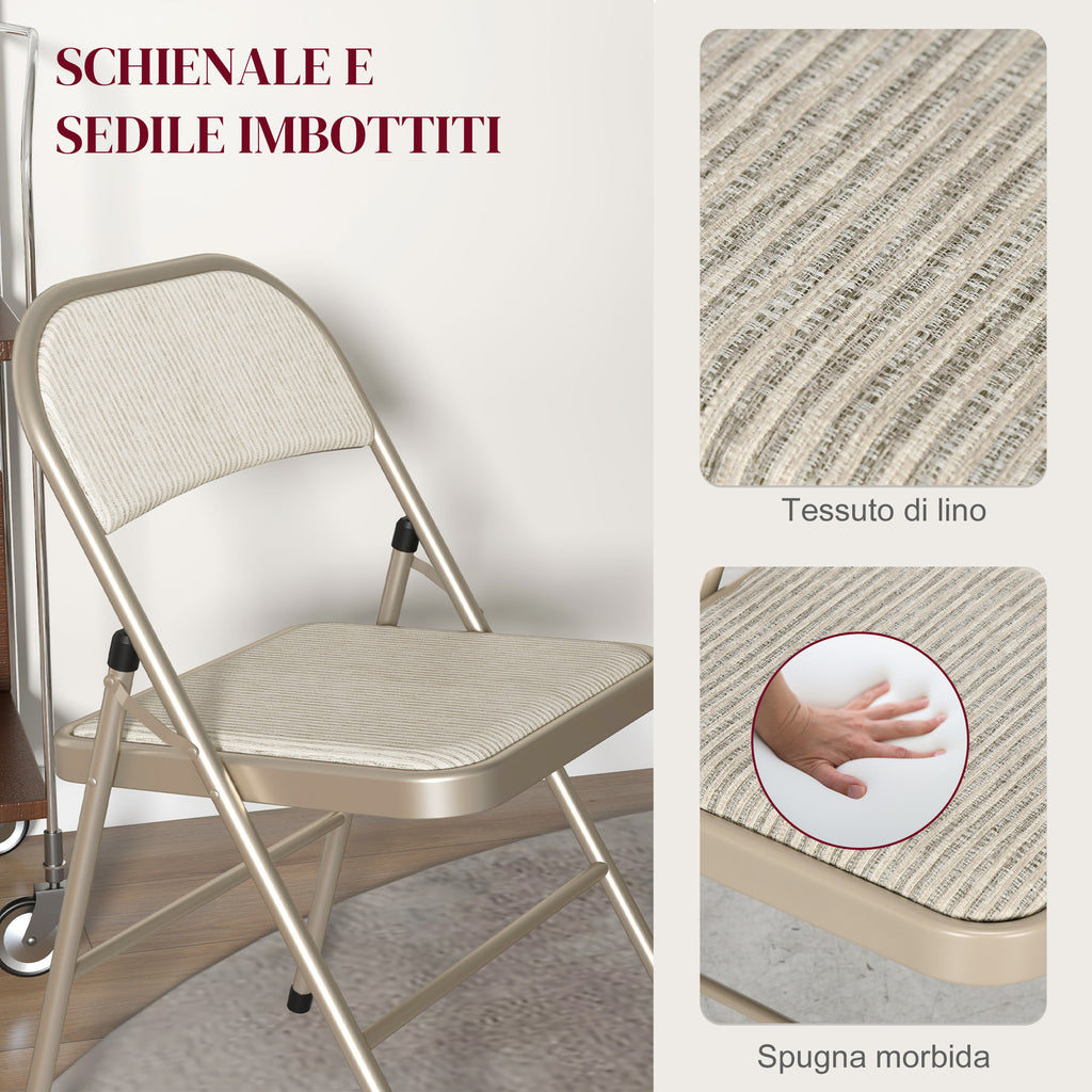 Set of 4 Folding Chairs with Upholstered Polyester Seat and Steel Frame, Beige