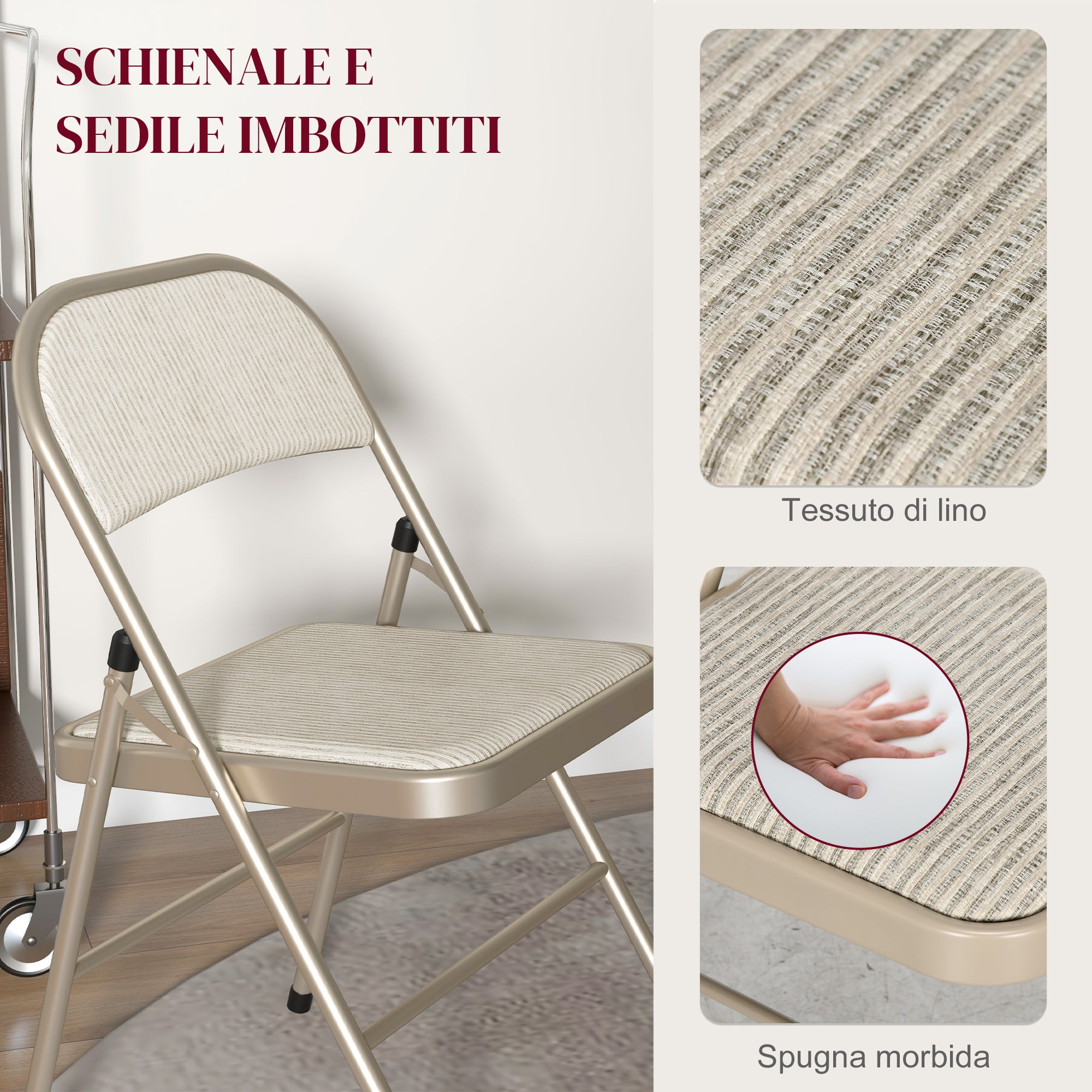 Set of 4 Folding Chairs with Upholstered Polyester Seat and Steel Frame, Beige