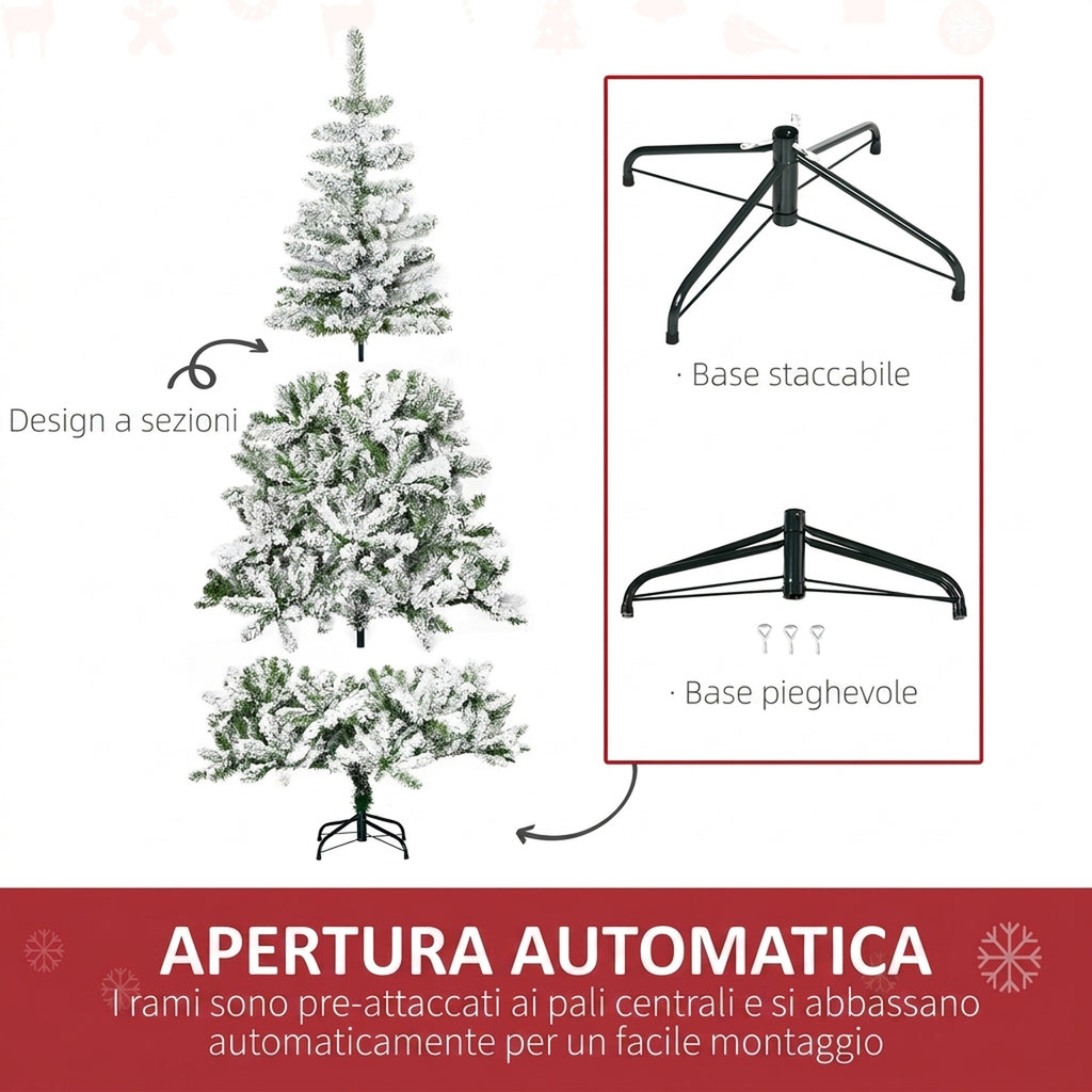 HOMCOM 180cm Tall Snow-Covered Christmas Tree with 750 Fireproof Branches and Steel Base, Green