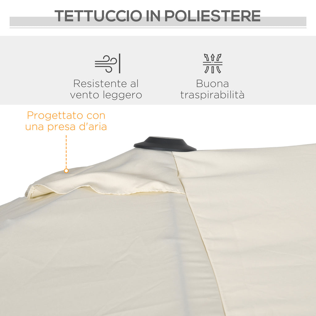 Double Tilting and Adjustable Umbrella with Cord, in Polyester and Metal, 150x295x170-214 cm, Cream